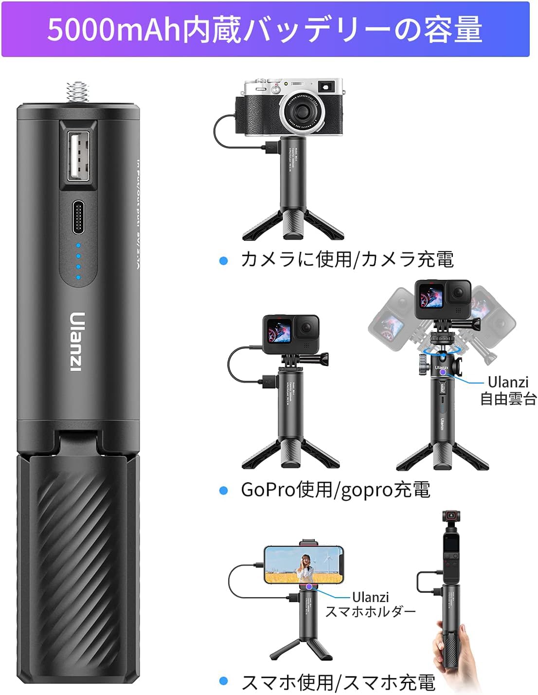 ULANZI BG-4 Camera Hand Grip + Tripod Battery Grip With Gopro9 Mount Rechargeable 5000Mah For Camera iPhone/Gopro Charging/Gopro 9 8 7 6 5 / Osmo Pocket/Osmo Action / A6400 / RX100 /, Black