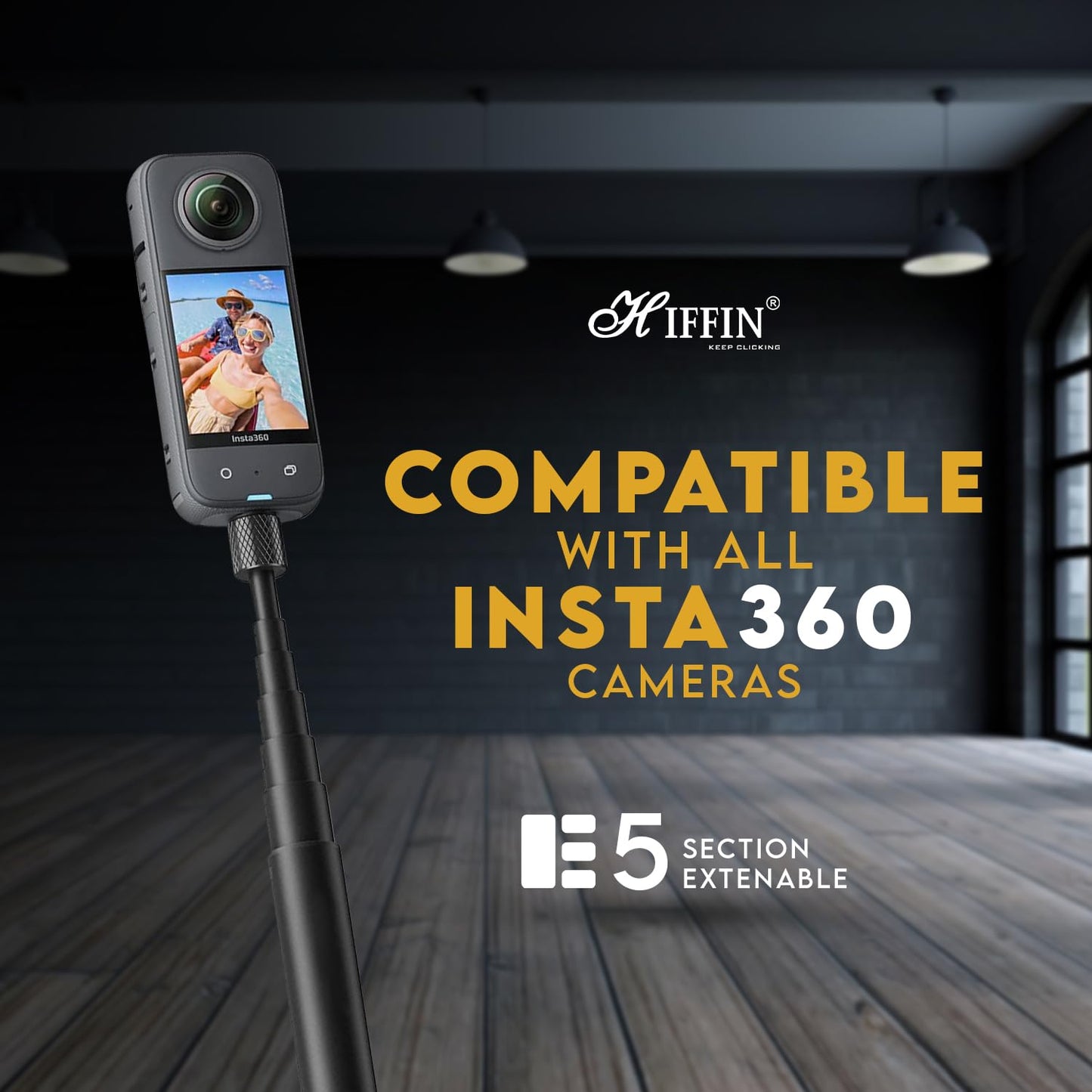 HIFFIN Insta 360 Invisible Selfie Stick for Action Camera Insta 360 One X2 X3 One R Invisible Stick, Go Pro Hero 9/8/7/6, Sj cam, Yi (118cm Selfie Stick for Action Cameras) Black