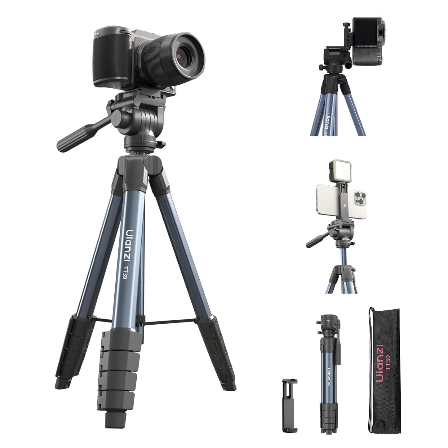 ULANZI TT39 Travel Tripod with Fluid Head, Lightweight Camera Stand for DSLR and Phone, Compact 61'' Tripod Mount with Phone Clip for Outdoor Vlogging and On-The-Go Shooting