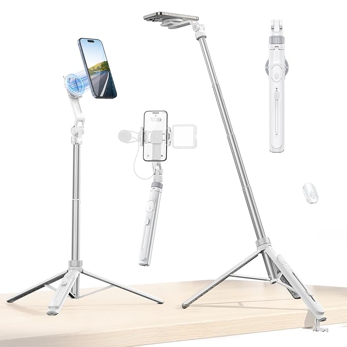 ULANZI TT88 Magnetic Tripod for iPhone , 57" Extendable Selfie Stick w Remote, 2-in-1 Phone Clip & Dual Cold Shoe Mounts-Lightweight Phone Tripod Stand for Vlogging, Travel, Video Recording, White