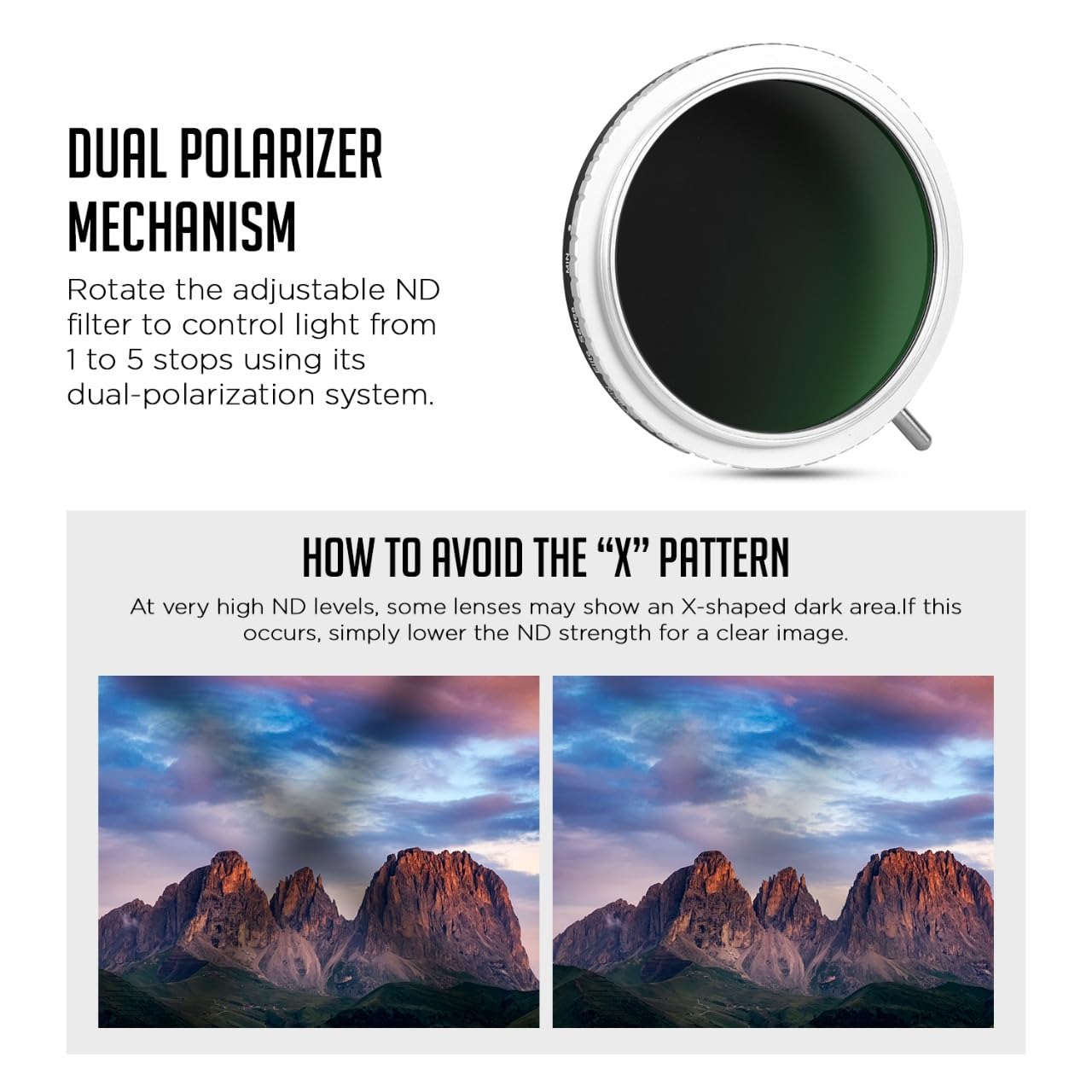 HIFFIN 72mm Elite Series, ND Filter (1-5 Stops) | Variable Neutral Density Lens Filter with Lens Cap & Protective Box | Silver & Black Design | Compatible with DSLR and Mirrorless Cameras