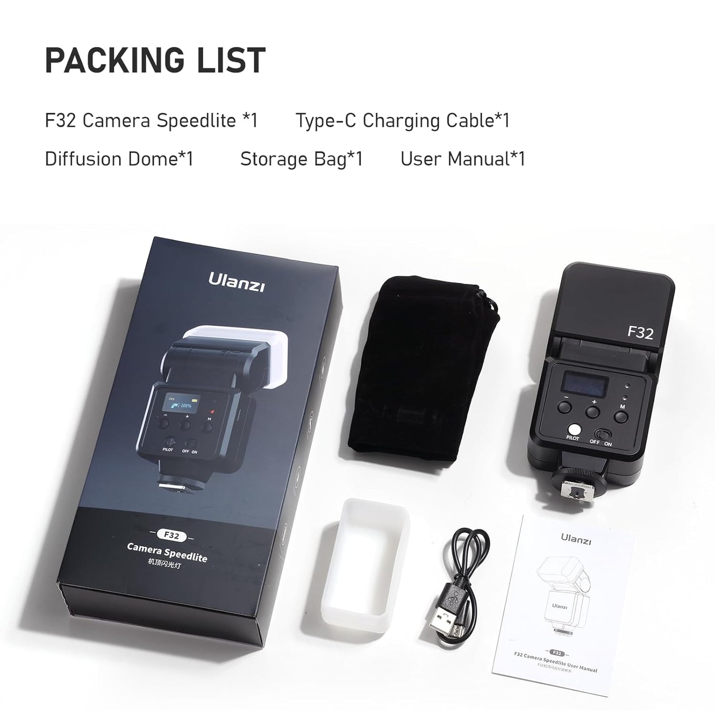 VIJIM Ulanzi F32 Camera Flash, Speedlite with GN32 / CCT 5600K, Hot Shoe Mount for Canon, Fuji, Sony, Nikon, Panasonic, Olympus, Pentax, Black, 1 Pack
