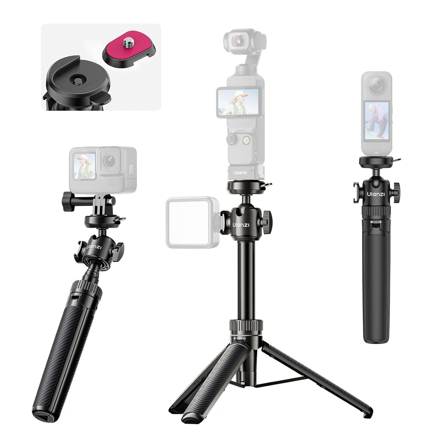 ULANZI MT90 Action Camera Tripod Stand Vlog Handle Grip with Cka Quick Release w Ballhead w Cold Shoe, Camera Desktop Tripod for GoPro Hero, Insta360, DJI Osmo Pocket/Action/360, Small Cameras