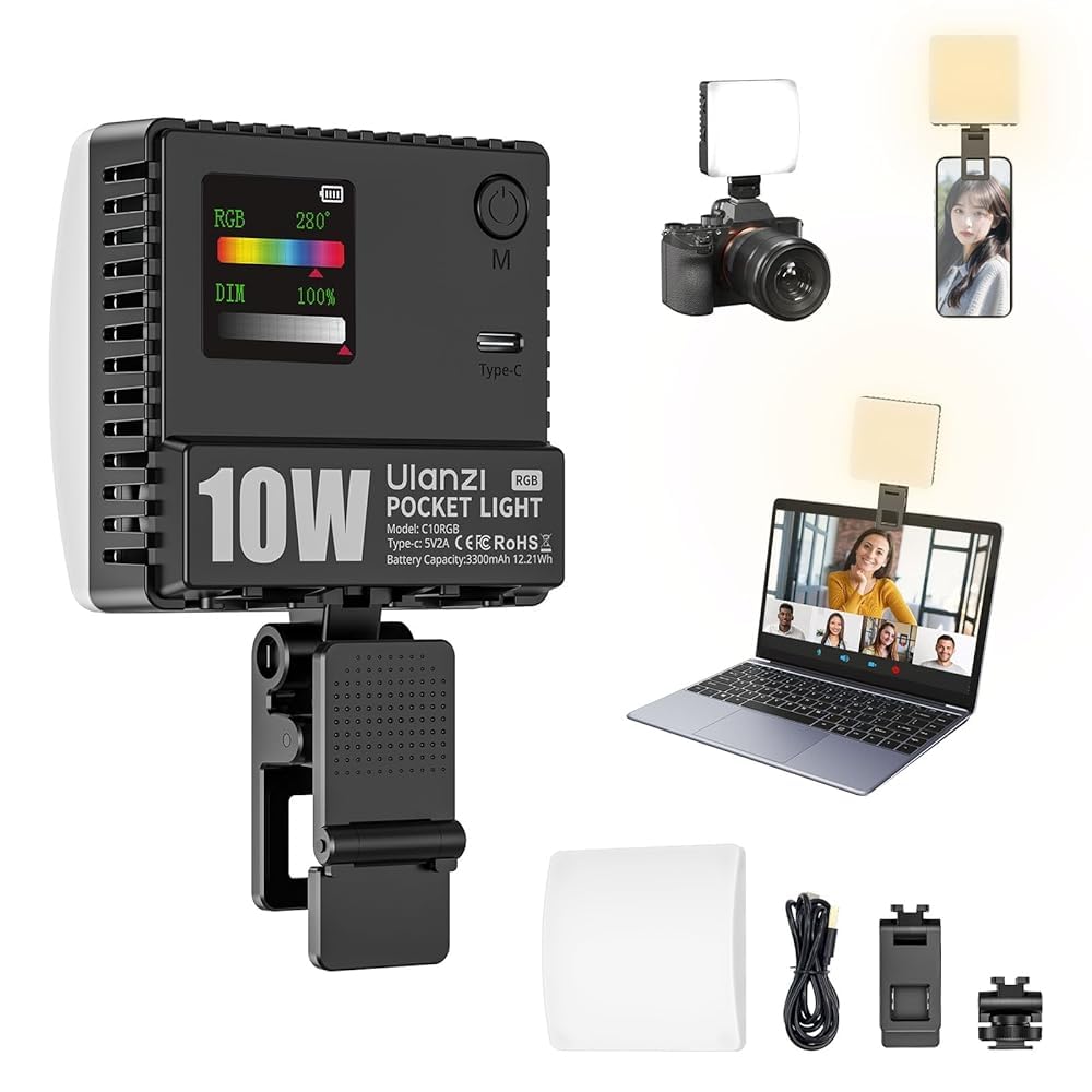 Ulanzi C10 10W Portable Selfie LED Light - 1300 Lux HDVlogging Lamp, 3300mAh, Video Conference Lighting Kit, Phone Selfie Light with Clip & Cold Shoe, Clip Lamp for iPhone 17 Tablet Computer Laptop