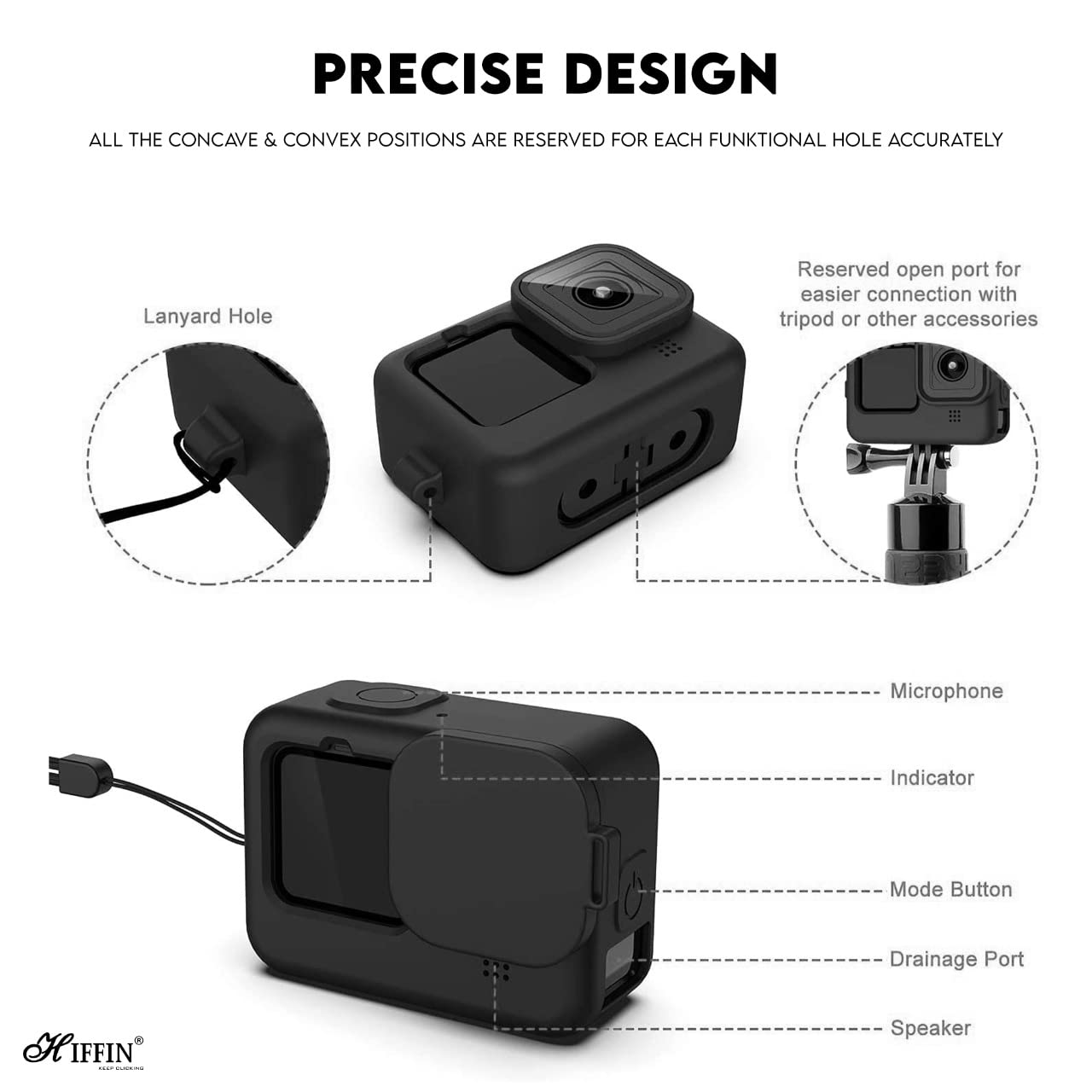 HIFFIN Silicone Lanyard Sleeve Protective Cover + 6PCS Tempered Glass Screen Guard with Silicone Lens Cover Compatible with Go pro Hero 11/10& 9 Black Action Camera Accessories (Black + Screen Guard)