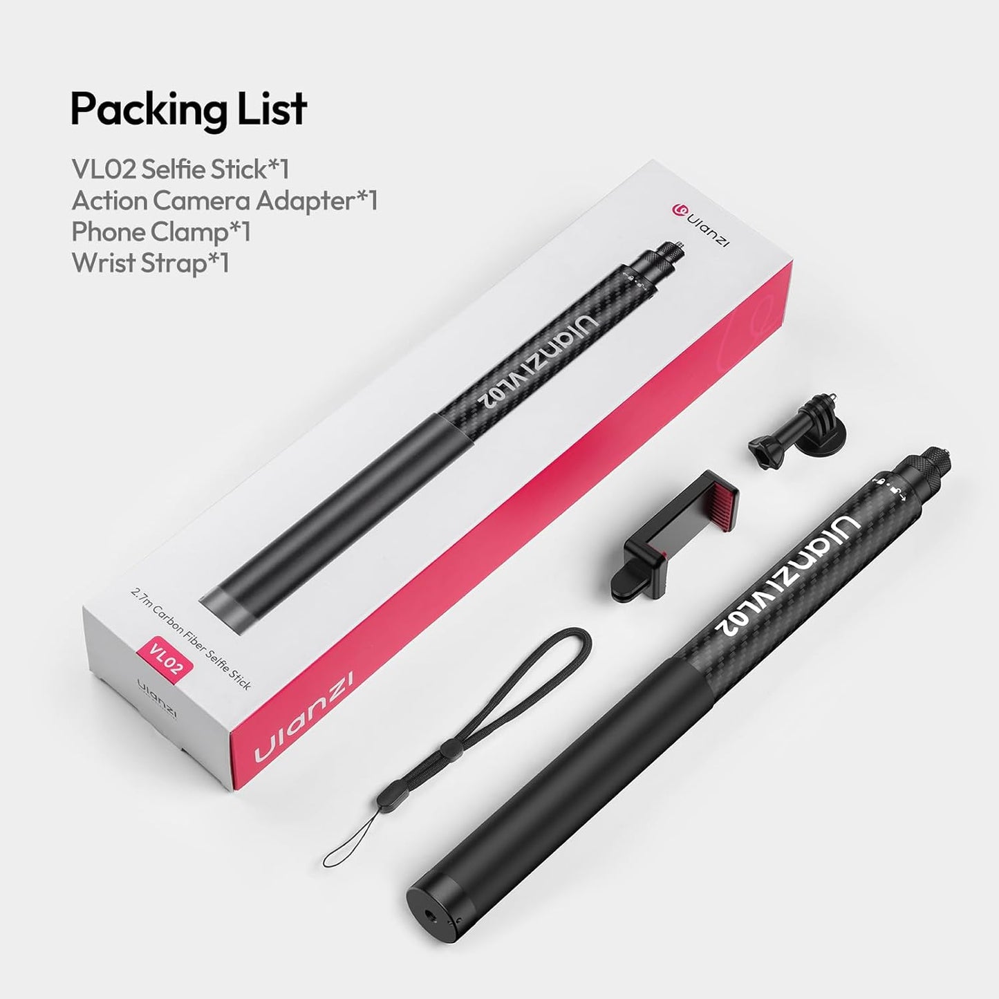 ULANZI VL02 2.7m Carbon Fiber Extended Invisible Selfie Stick, Compatible with Insta360 X5/X4/X3/Ace Pro/GO 3S/ONE X2/DJI Osmo 360, Extension Pole Waterproof Handle Grip for GoPro, Phone and More