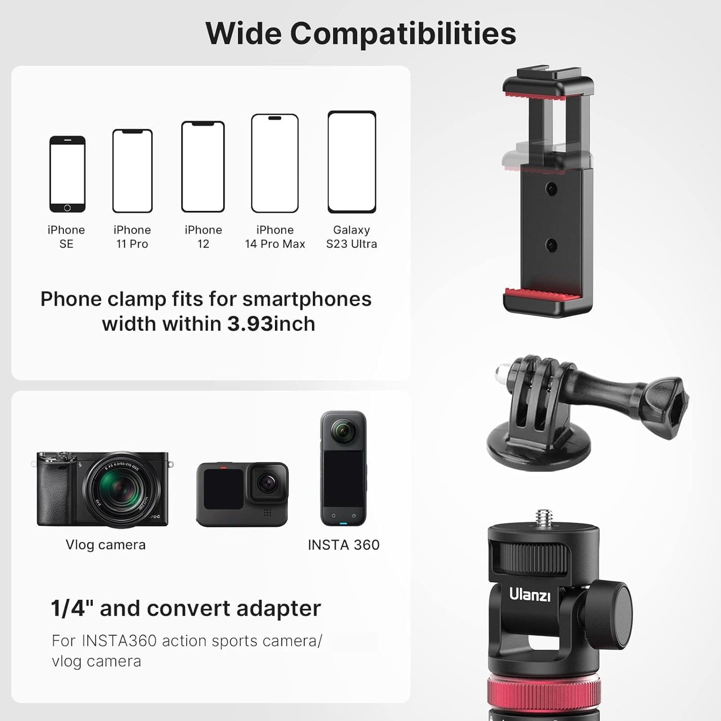 ULANZI MT-71 57.48" Extendable Selfie Stick Tripod with Phone Clamp & Cold Shoe, 7-Section Aluminum Pole for Action Camera Compatible with Gopro DJI Osmo 360 Pocket 3 Insta360 X5,iPhone 17 Smartphones
