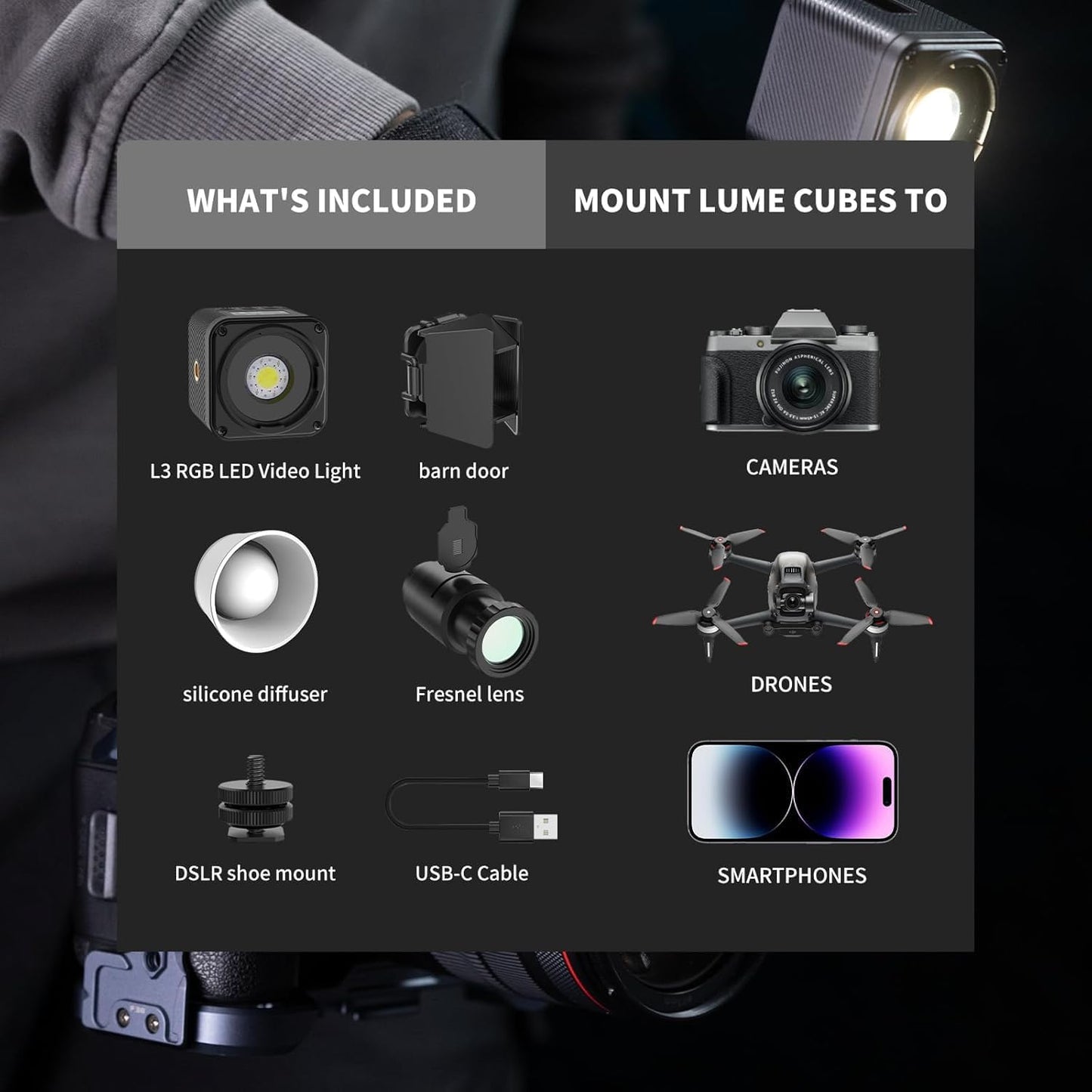 ULANZI L3 RGB LED Video Light, Waterproof Camera Lighting Kit 2700K-7000K Mini Cube COB Light Dimmable Fill Magnetic Photography Light with Fresnel Lens Cold Shoe for Smartphone,Action,DSLR Camera