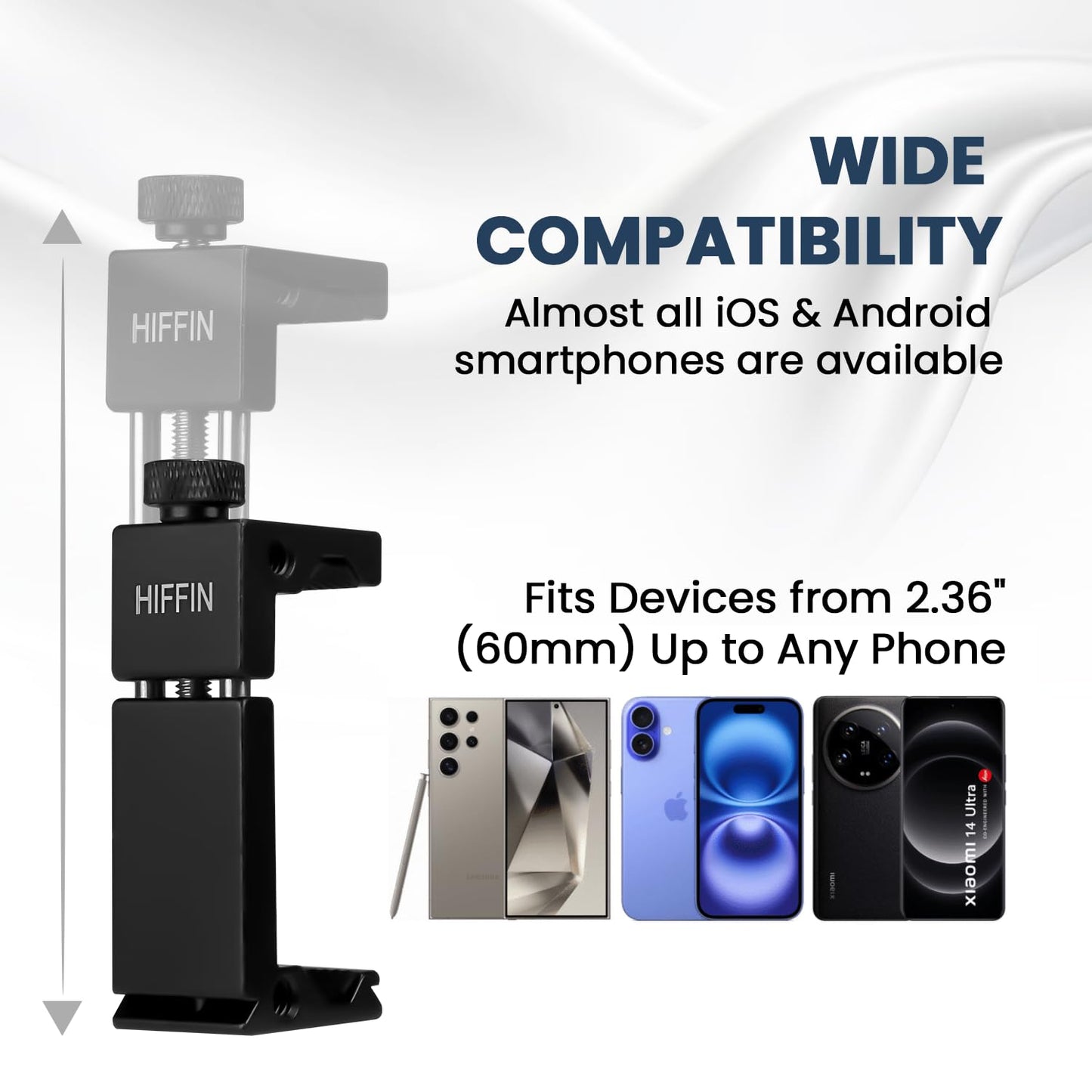 Hiffin HF-05 Aluminium Phone Tripod Mount with Cold Shoe, Adjustable Clamp for Vertical & Horizontal Shooting, Universal 1/4" Screw, Compatible with All Smartphones