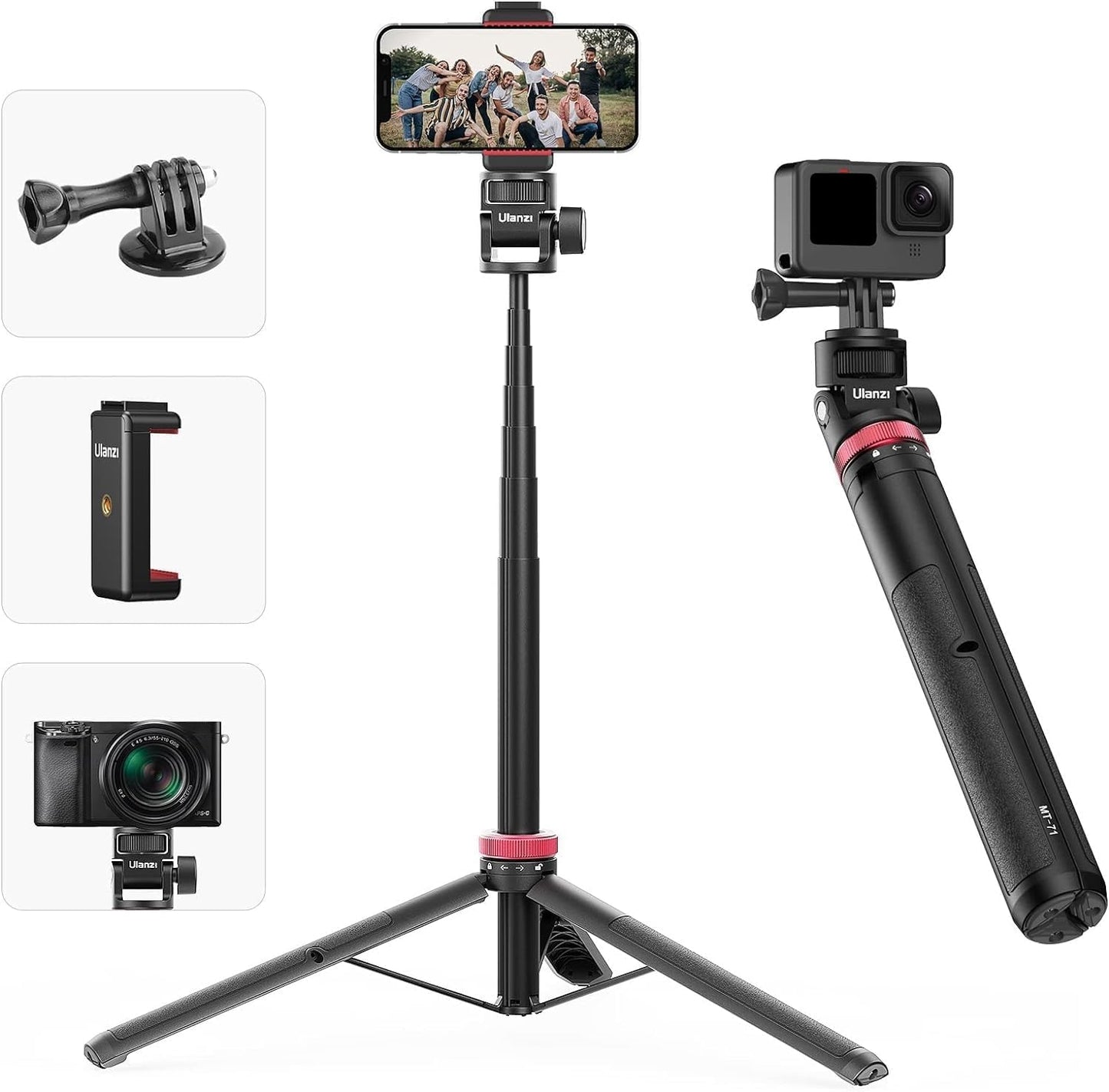 ULANZI MT-71 57.48" Extendable Selfie Stick Tripod with Phone Clamp & Cold Shoe, 7-Section Aluminum Pole for Action Camera Compatible with Gopro DJI Osmo 360 Pocket 3 Insta360 X5,iPhone 17 Smartphones