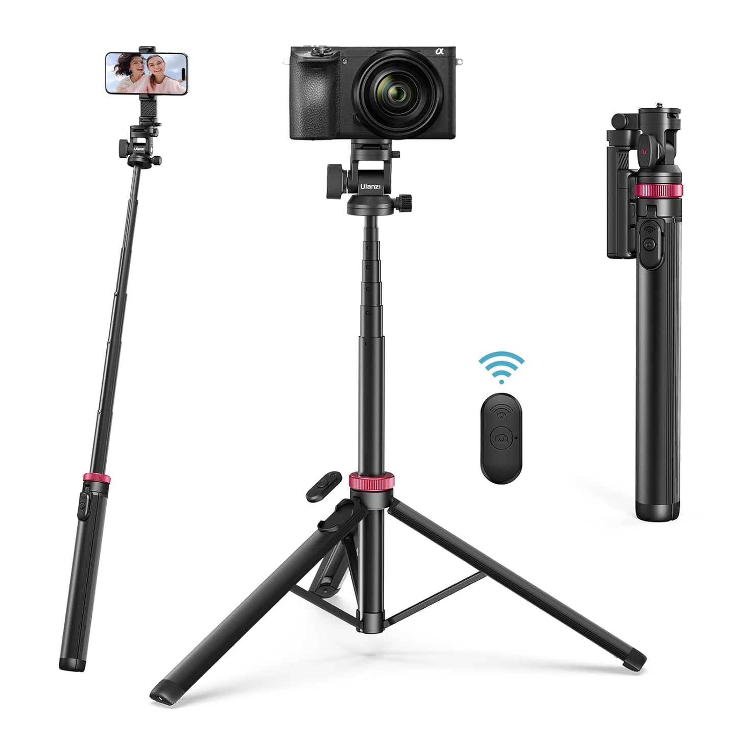 ULANZI MT-78 Extendable Phone Tripod, 72.83" Selfie Stick Camera Tripod Stand with 2-in-1 Phone Clip, 360° Ball Head with Cold Shoe for iPhone, Sony, Canon, Lightweight for Travel