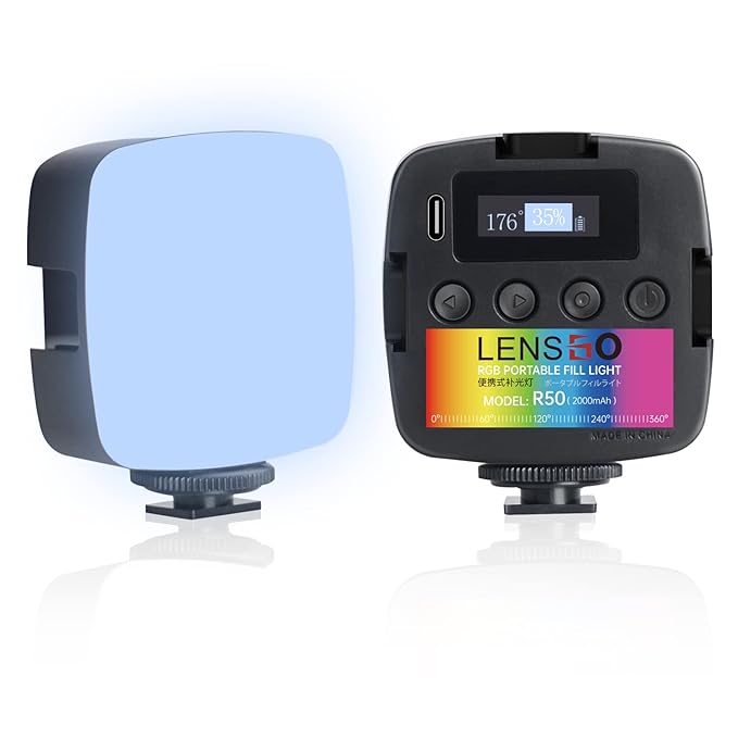 LENSGO R50 RGB Video Lights, Portable LED on Camera Light 360°Full Color for RGB Photography Lighting with 3 Cold Shoe, 2000mAh Rechargeable CRI 2500-9000K Dimmable LED Panel Lamp (Black)