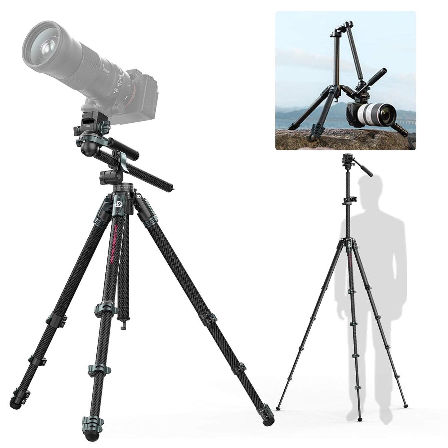 ULANZI JJ06 GlideGo Carbon Fiber Video Tripod, Dual 360° Pan Head, 73.6 inch Max Height, 11 lb Load, Quick Release Plate