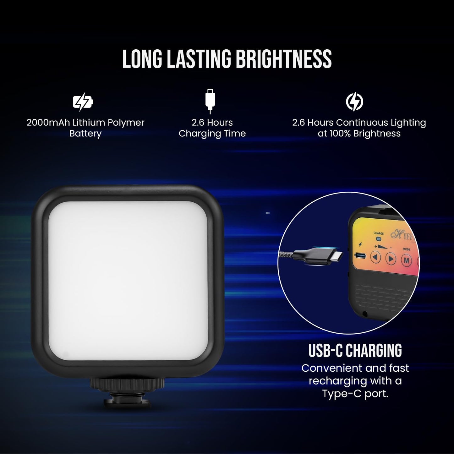 HIFFIN LT-003 Selfie Light with 3000-9000K Adjustable CCT | 3 Light Modes (White/Warm/Natural) | 7W Power, 2000mAh in-Built Battery, USB-C Charging, Portable Size for Phones, Vlogging & Video Making