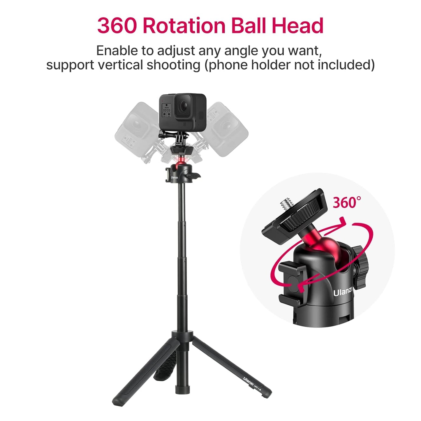 UURig Extendable Phone Camera Tripod, 4 Levels Adjustment 360° Ball Head Cold Shoe Lightweight Portable Vlog Travel Selfie Stick Handle Grip Desktop Webcam Tripod for iPhone DSLR Sony Gopro, Black