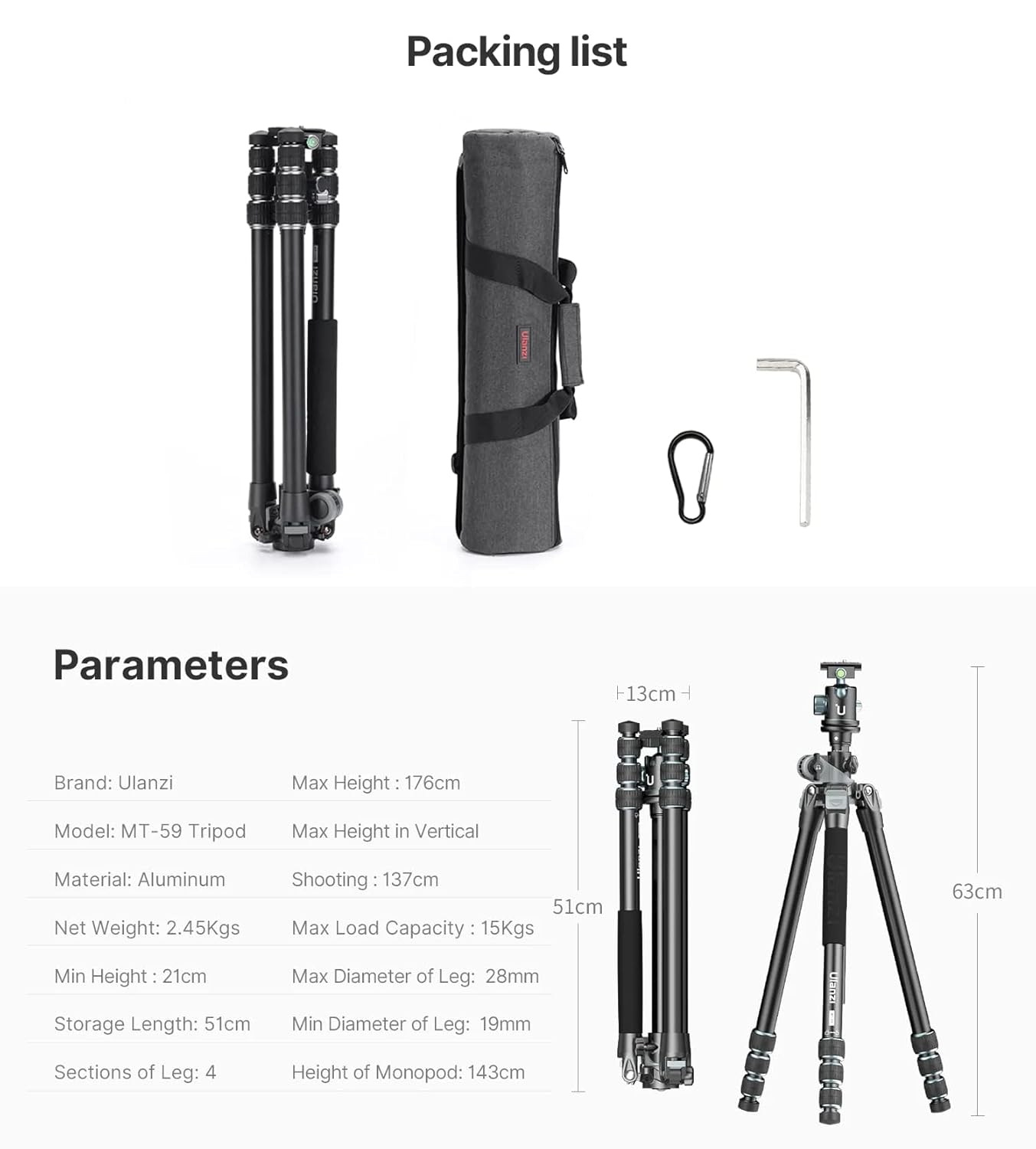 Ulanzi MT-59 Camera Tripod Monopod | Boom Arm Extension for Product Food & Macro Photography| 1/4'' screw hole | Payload 15KG | Weight 2.45Kg | 4 sections 21-176cm | Carry Bag | 1 Year Warranty