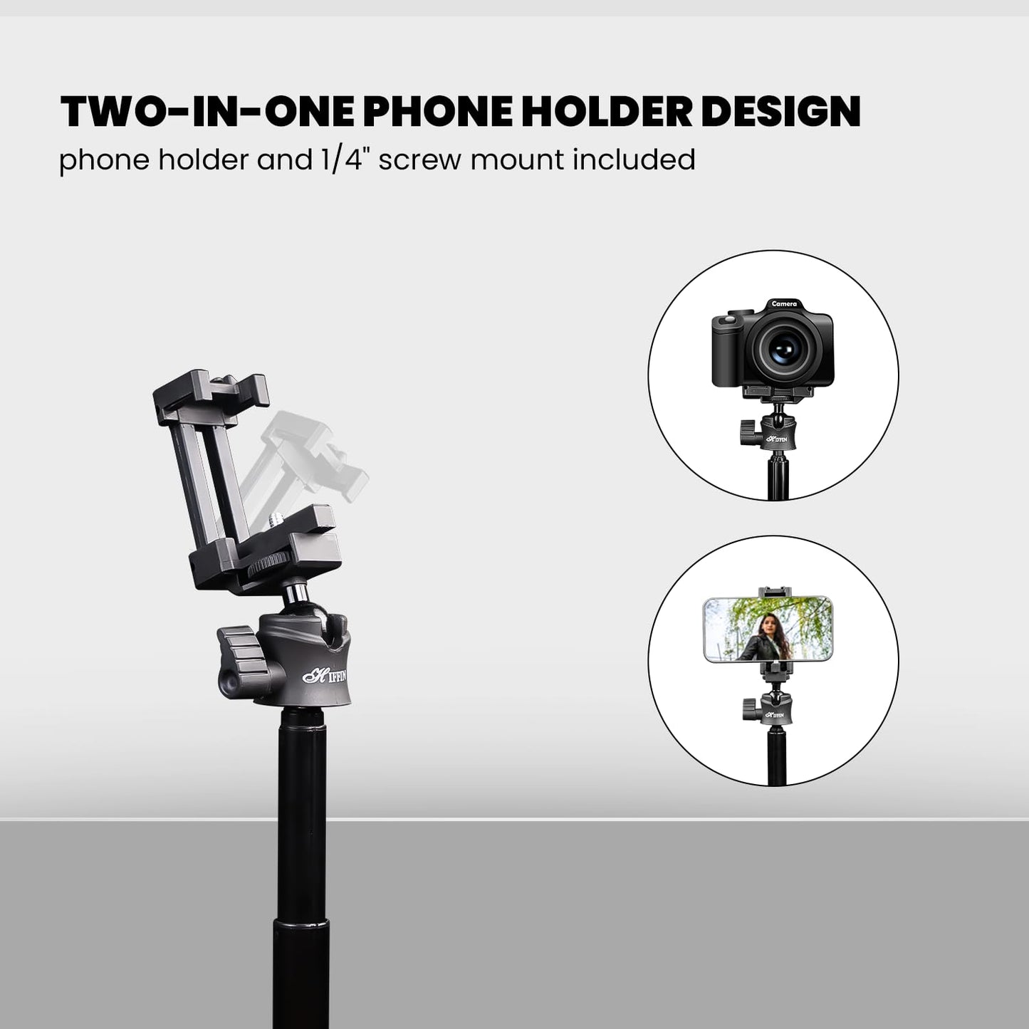 HIFFIN HTR-44 Extendable Phone Tripod with Bluetooth Button, 44" Selfie Stick Tripod Stand with 2 in 1 Phone Clip, 360° Ball Head Camera Tripod for Smartphones and Cameras, Lightweight for Travel