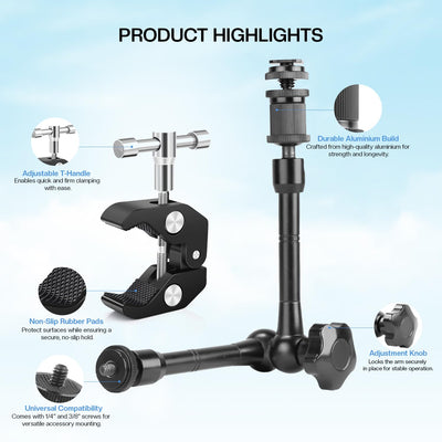 Hiffin 11"/28cm Adjustable Magic Arm with Super Clamp, 1/4" & 3/8" Threads, 1/4" Screws for Flash/LED Light/Microphone/Monitor, Compatible with All Camera Cage, Max Load: 4.4lb/2kg