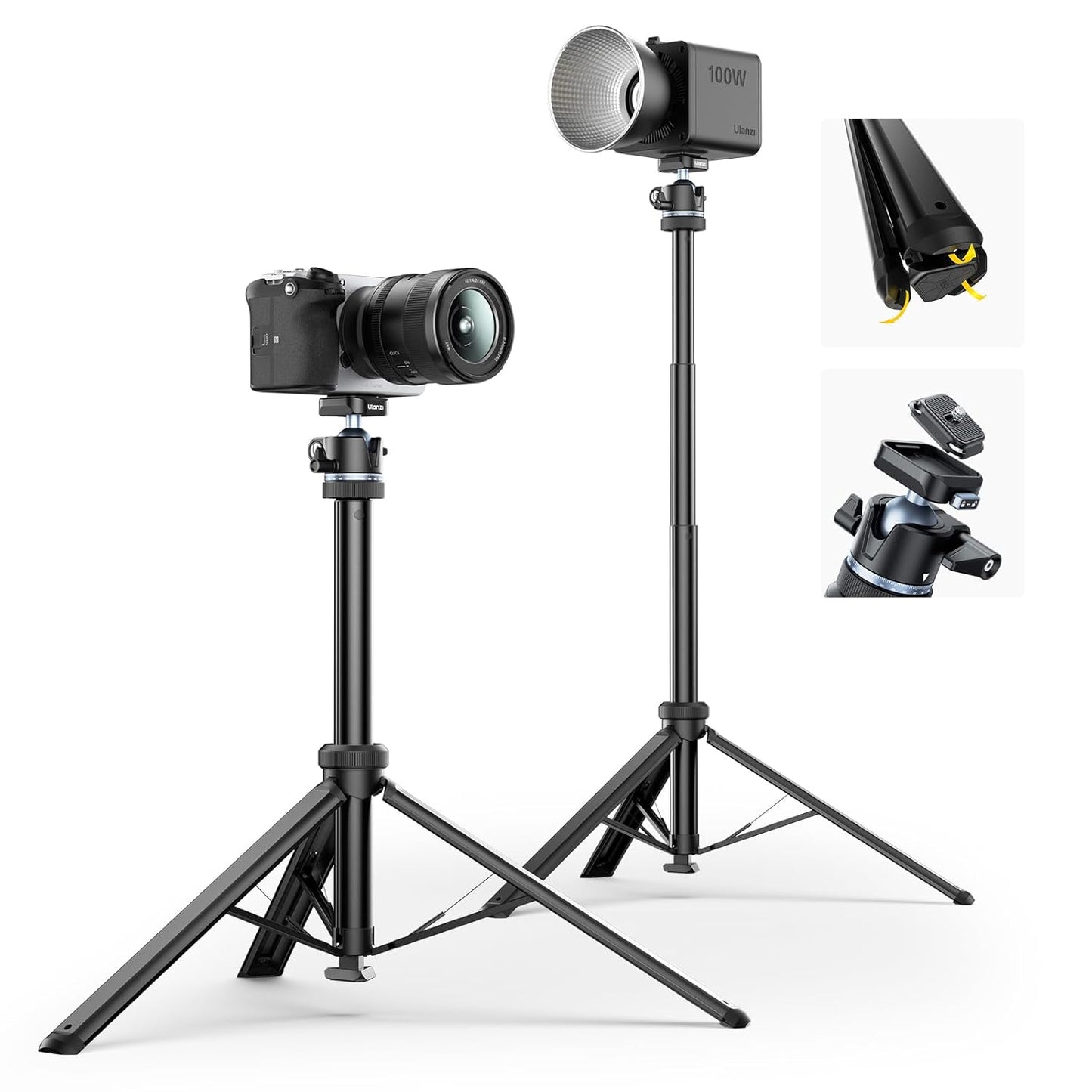 ULANZI MT93 Universal 1/4" Light Stand Camera Tripod w Auto-Open w UKA Quick-Release, 63" Portable Adjustable Ball Head Tripod for Cameras/Video Light/Phone/Outdoor Photo, Up Load 6.61lb, w Bag