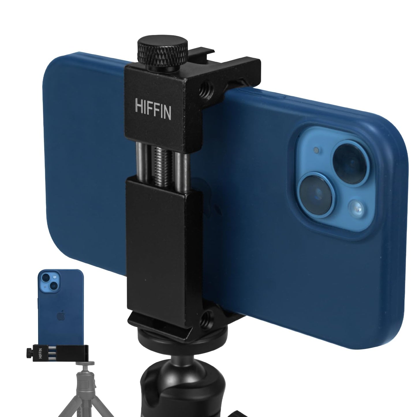 Hiffin HF-05 Aluminium Phone Tripod Mount with Cold Shoe, Adjustable Clamp for Vertical & Horizontal Shooting, Universal 1/4" Screw, Compatible with All Smartphones