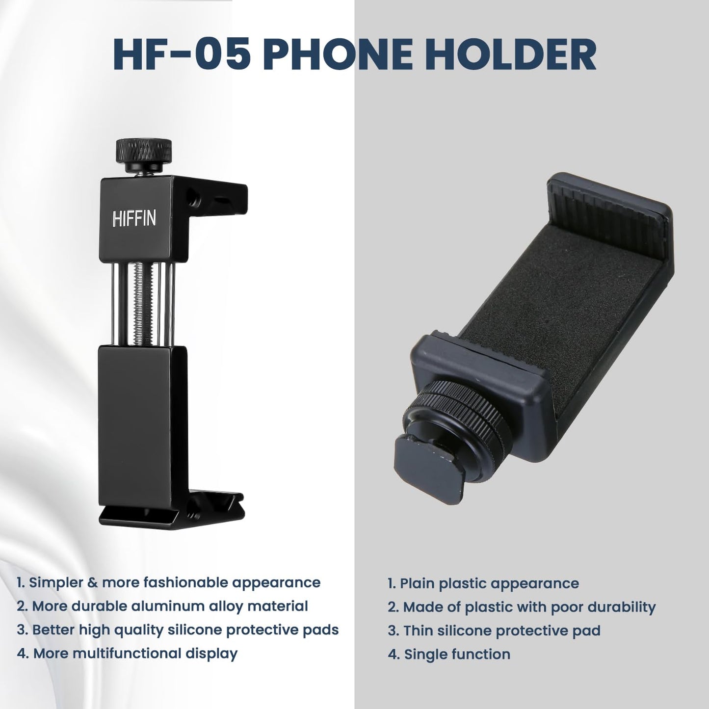 Hiffin HF-05 Aluminium Phone Tripod Mount with Cold Shoe, Adjustable Clamp for Vertical & Horizontal Shooting, Universal 1/4" Screw, Compatible with All Smartphones