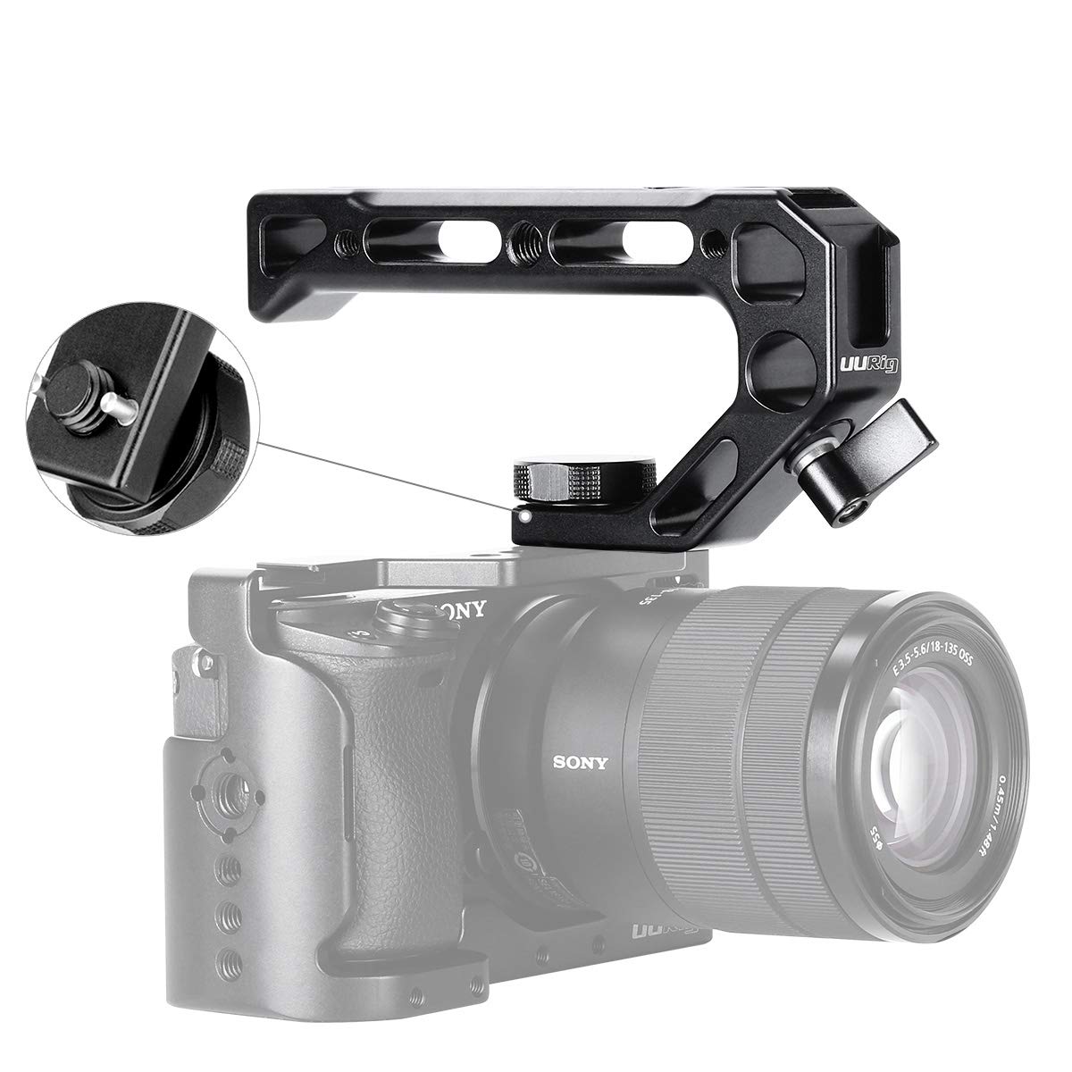 UURig R008 Camera/DSLR Top Handle ARRI Hole Connection Grip for Sony A6400 6300 Camera Cage Metal Low Angle Shots 4 Cold Shoe Mount Microphone 15MM NATO Rail Rod Clamp Tube Hole, Video Film Making