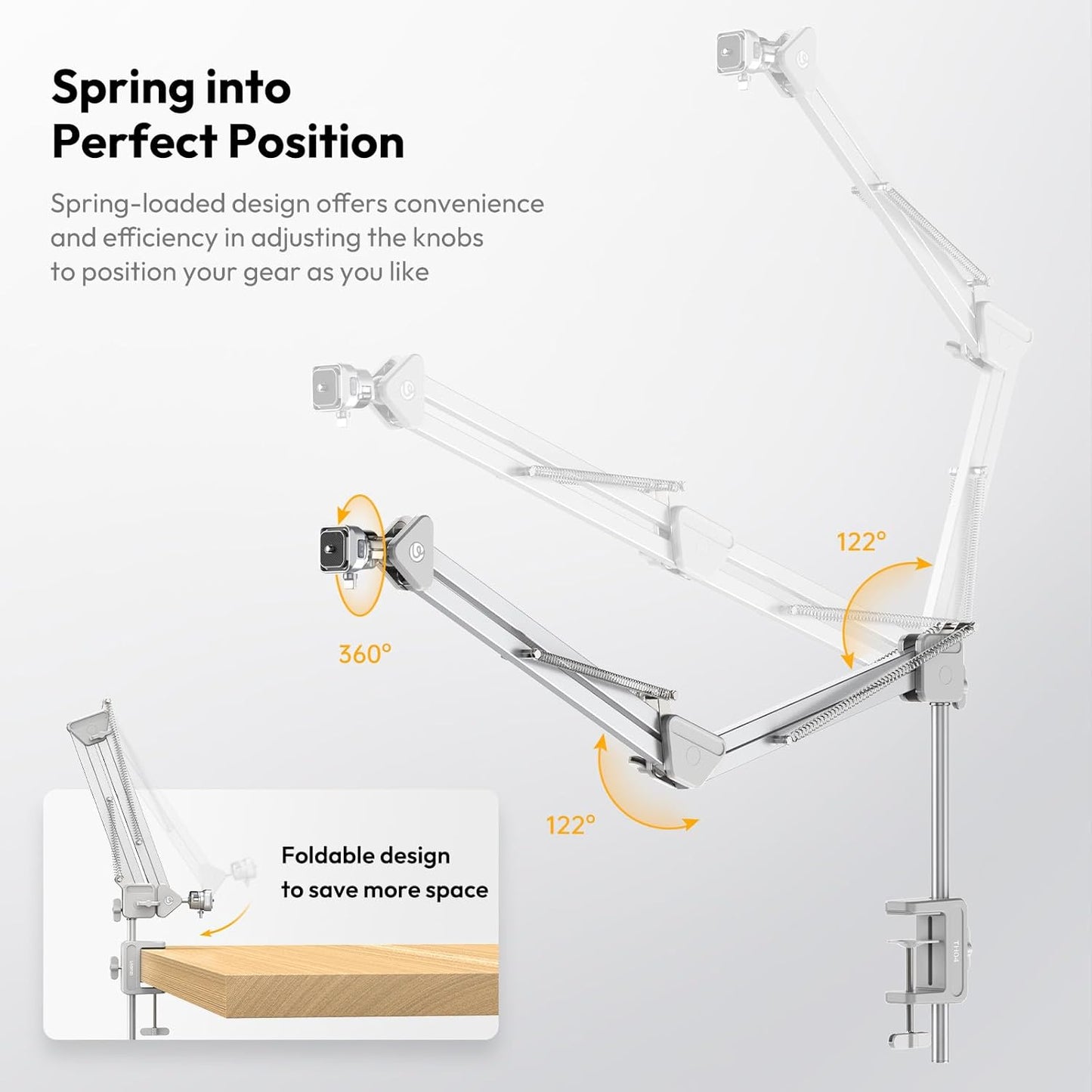ULANZI TH04 Camera Overhead Tripod Mount, Flexible Microphone Boom Arm Light Stand Mounting Spring-Loaded Design Uka Quick Release Setup 360° Rotatable Ball Head Load Capacity 2kg