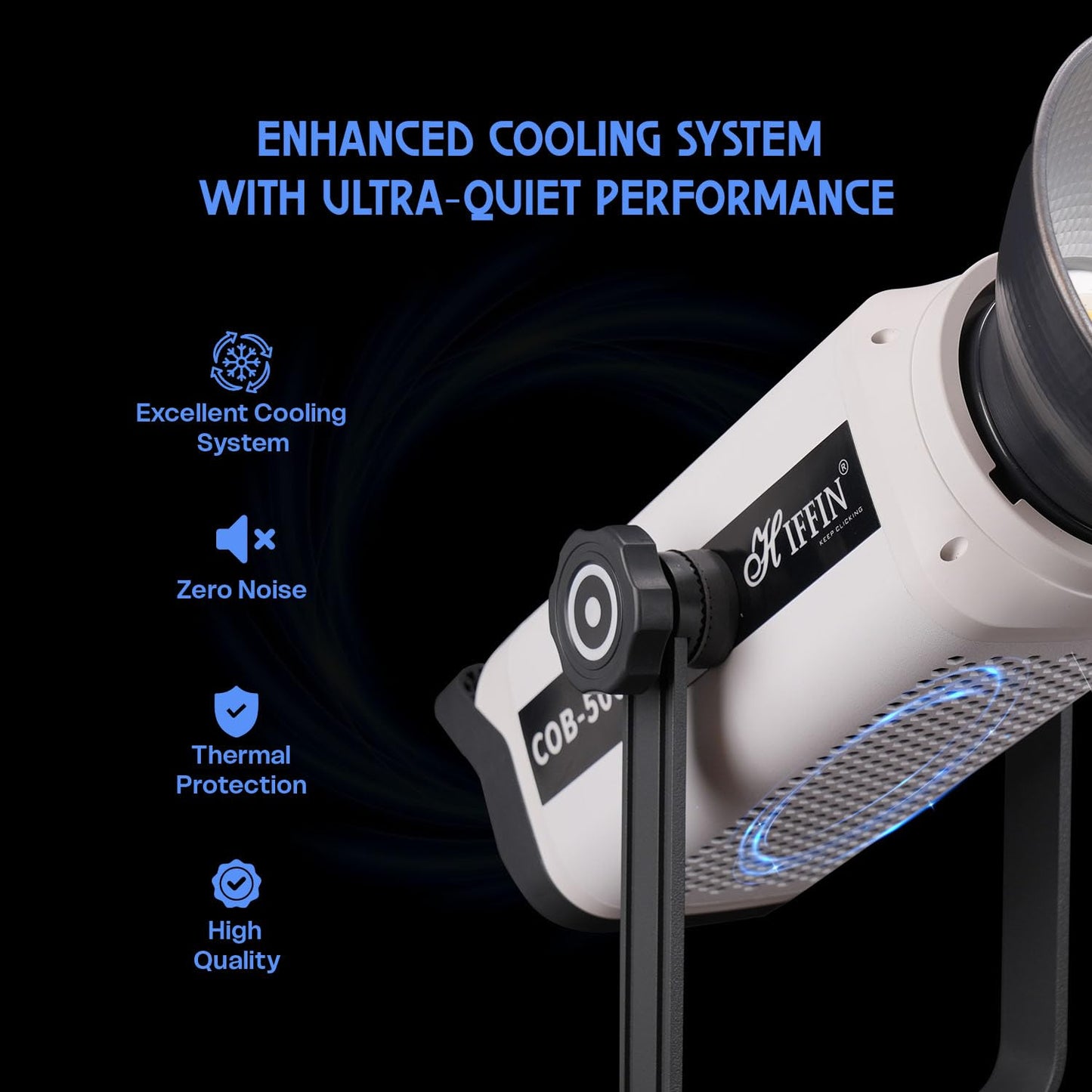 HIFFIN (COB-500 Pro) 500W Bi-Color Continuous LED Video Light with Bowens Mount, Remote Control & Silent Cooling Fan, AC Power, 2800K–6800K CCT., 51800 Lux @1m, CRI 95+, Ideal for Photo & Videography