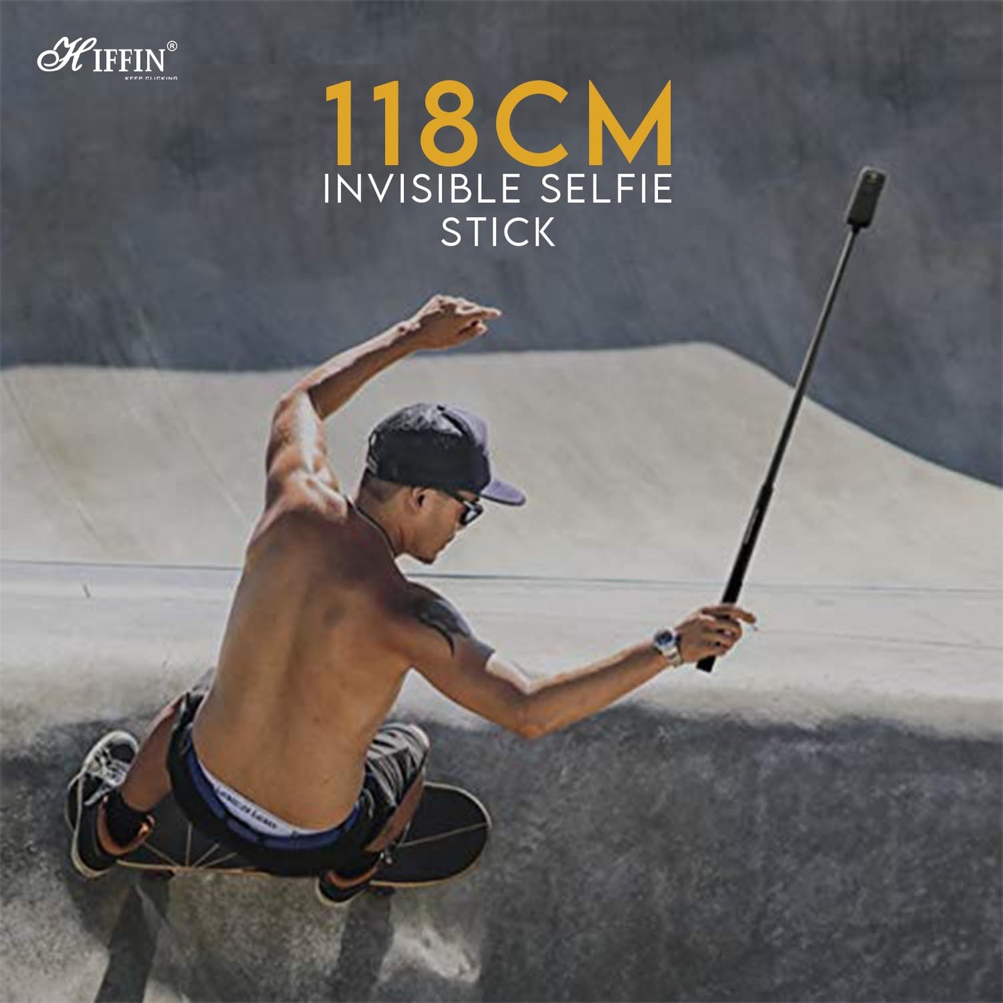HIFFIN Insta 360 Invisible Selfie Stick for Action Camera Insta 360 One X2 X3 One R Invisible Stick, Go Pro Hero 9/8/7/6, Sj cam, Yi (118cm Selfie Stick for Action Cameras) Black
