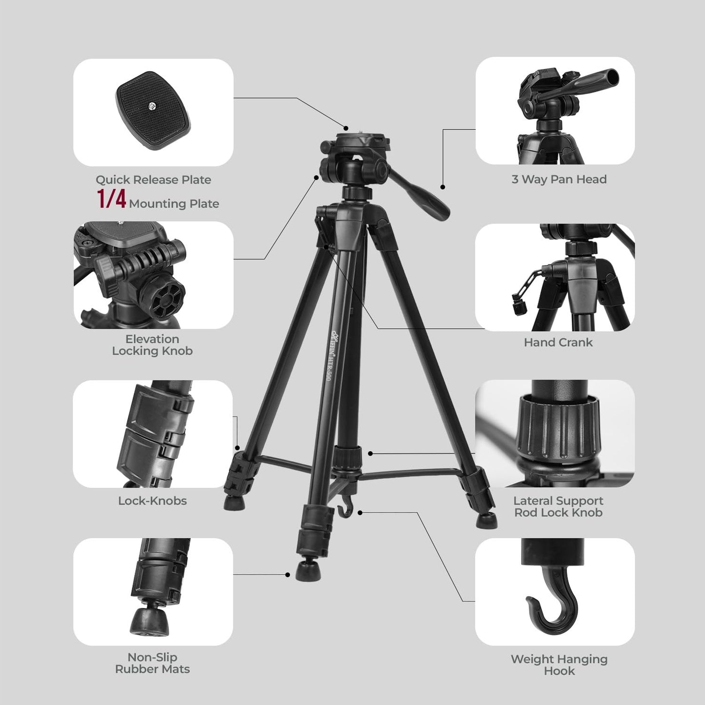 HIFFIN HTR-500 1700mm Lightweight Tripod with Mobile Holder & Carry Bag | 5kg Load Capacity | 3-Section Adjustable Stand for DSLR, Camera & Smartphone | Portable & Stable Tripod Stand