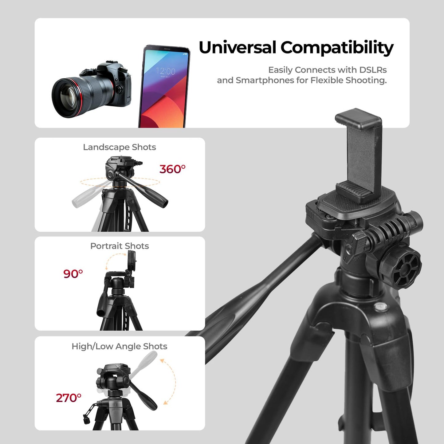 HIFFIN HTR-500 1700mm Lightweight Tripod with Mobile Holder & Carry Bag | 5kg Load Capacity | 3-Section Adjustable Stand for DSLR, Camera & Smartphone | Portable & Stable Tripod Stand