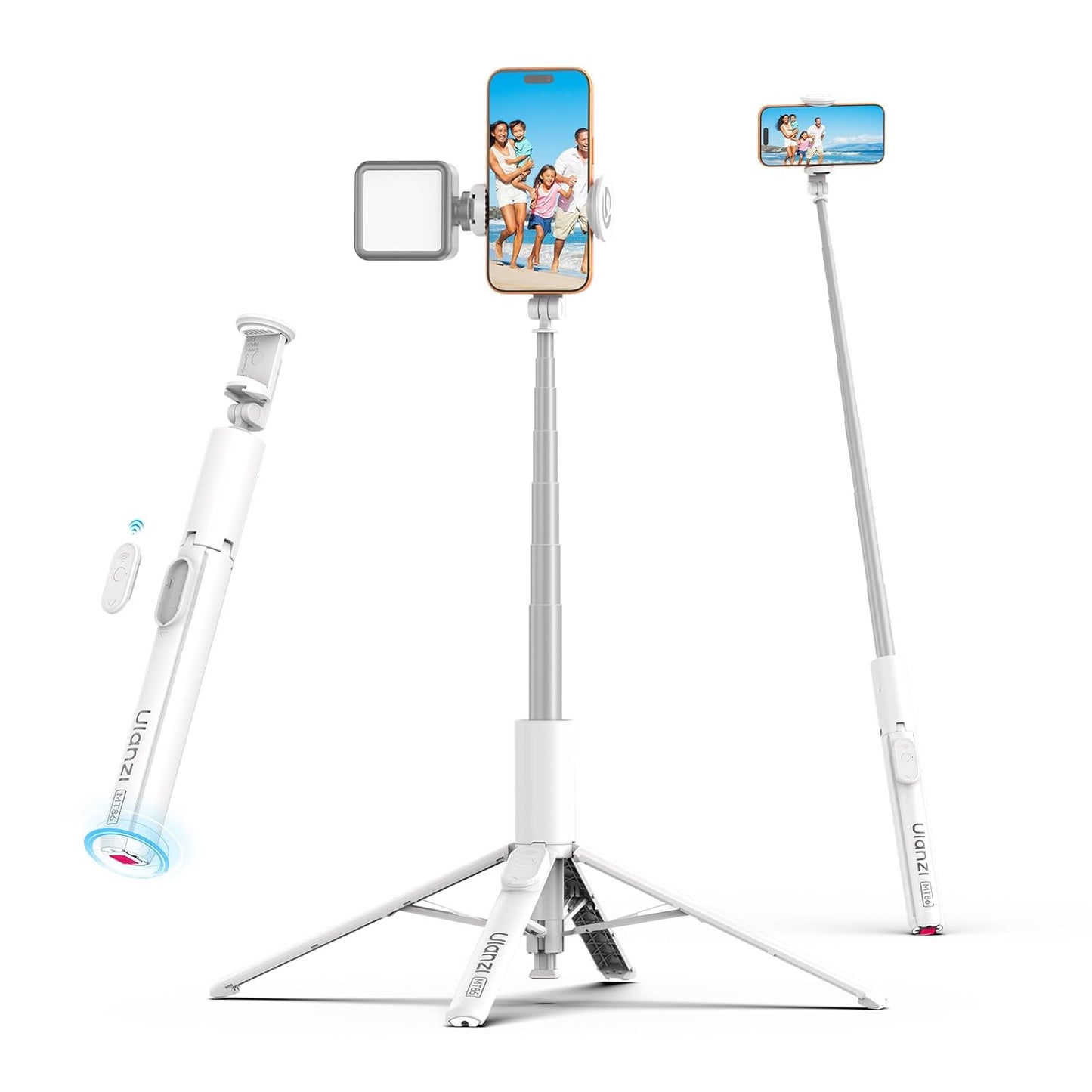 ULANZI MT86, 60" Automatic Phone Tripod Stand with Wireless Remote, Adjustable Auto‑Open Selfie Stick for iPhone Android, Portable Extendable Travel Tripod for Selfie/Vlogging, White