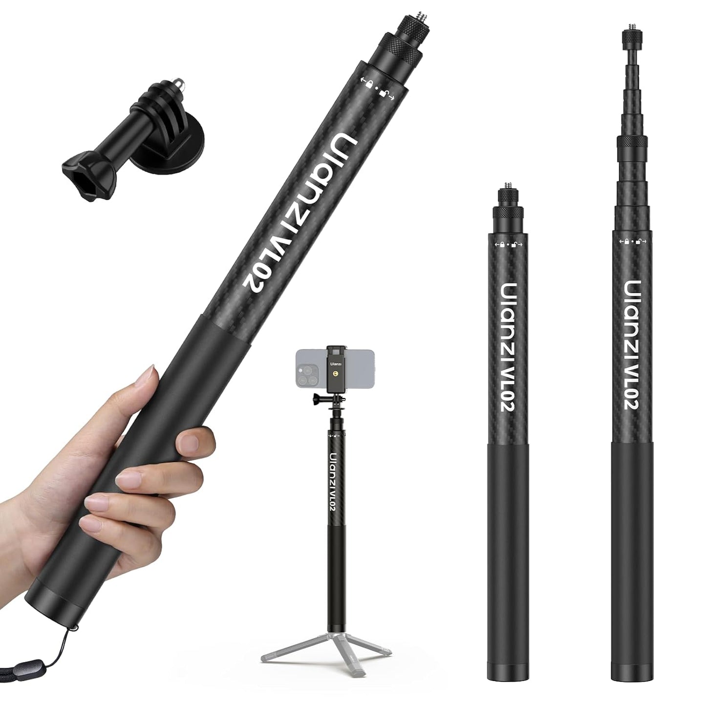 ULANZI VL02 2.7m Carbon Fiber Extended Invisible Selfie Stick, Compatible with Insta360 X5/X4/X3/Ace Pro/GO 3S/ONE X2/DJI Osmo 360, Extension Pole Waterproof Handle Grip for GoPro, Phone and More