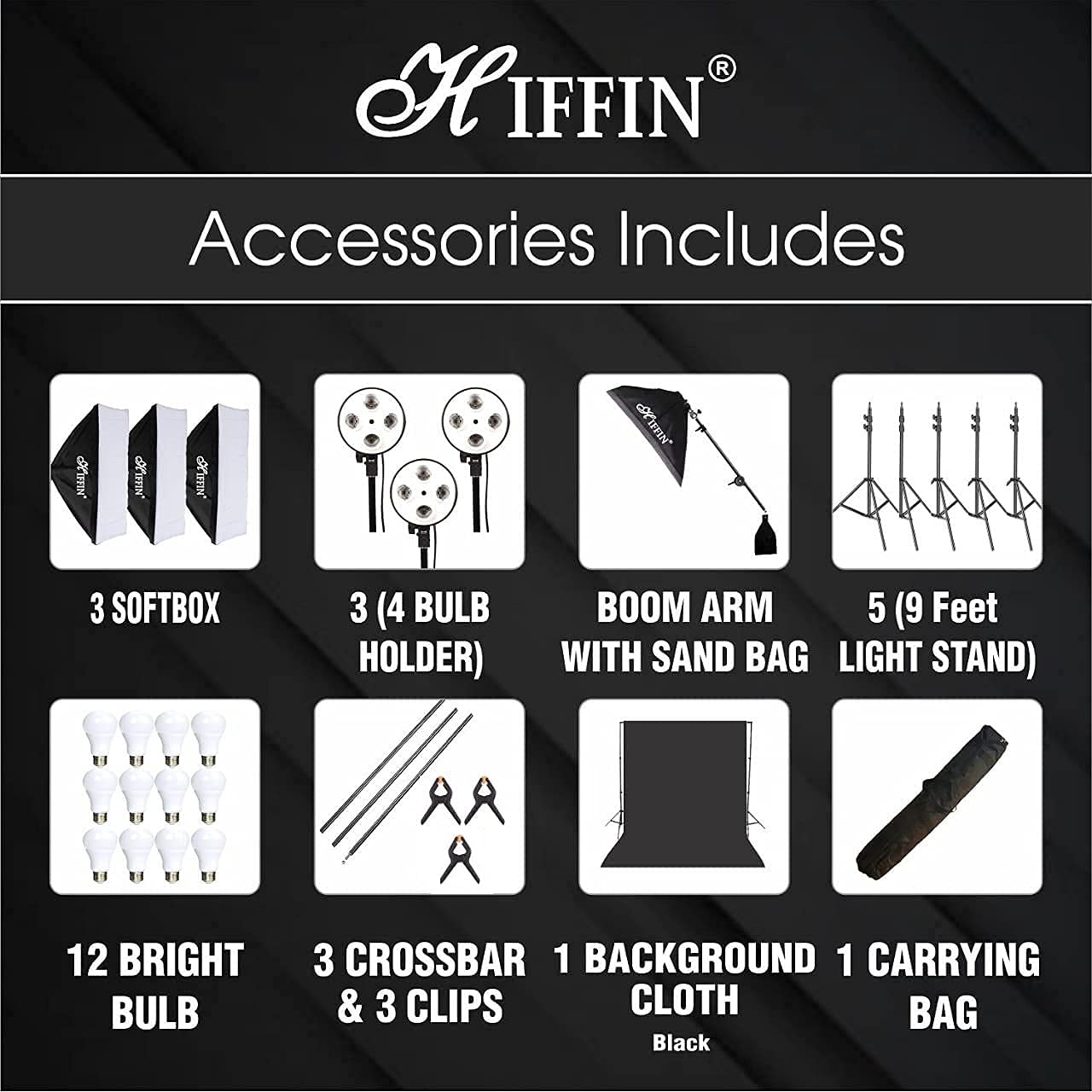 HIFFIN PRO Quadlux Mark III Soft Led Still & Video Light Softbox 3 Point Lighting Kit with Backdrop Stand, 9x10ft Photo Video Studio Muslin 1 x Curtain Black | Stand Backdrop Support System Kit