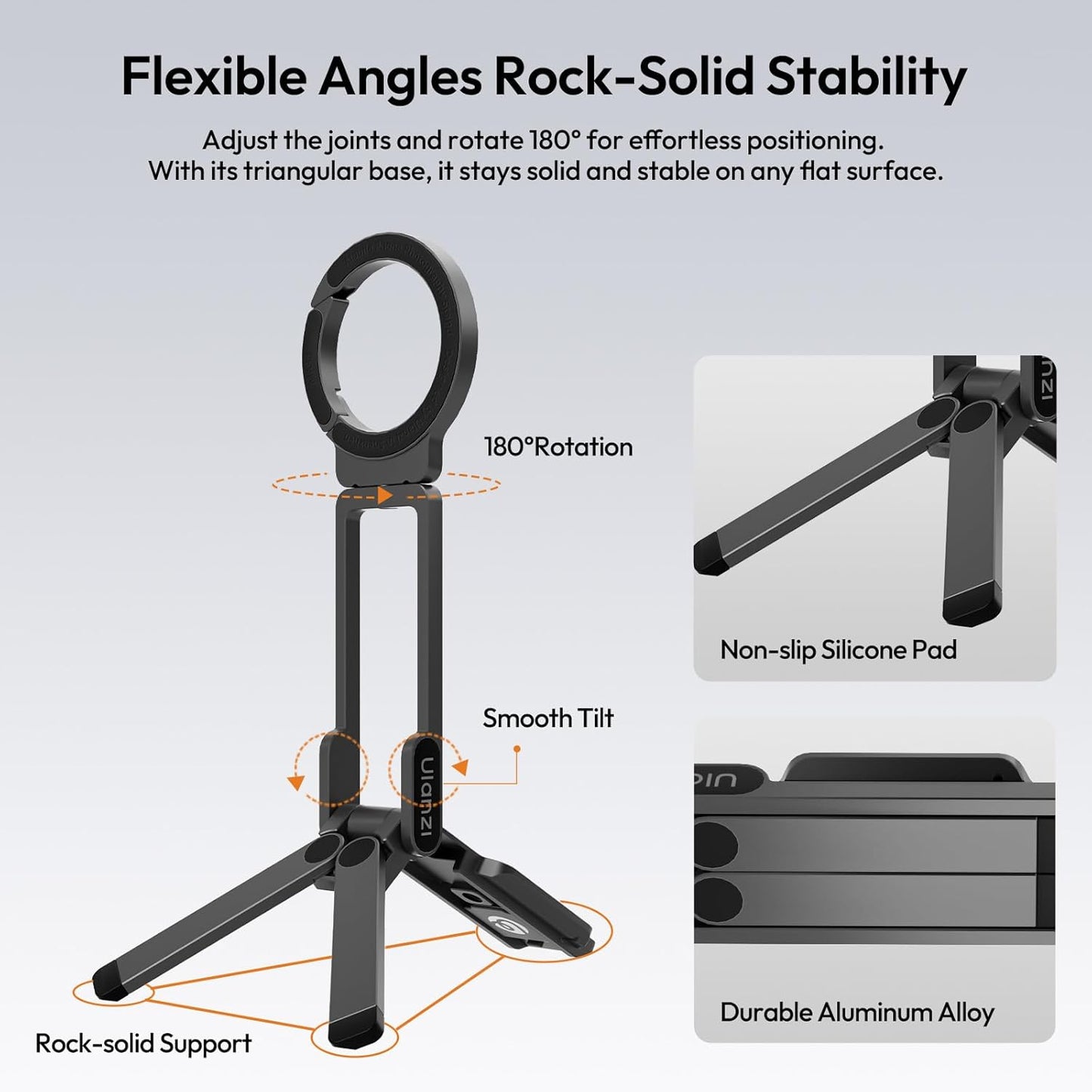 ULANZI MA38 Magnetic Phone Tripod for iPhone, Portable Phone Holder Mini Tripod for Magsafe with Double-Sided 1/4'' Screw Arca Uka Port Foldable Hook for iPhone 17/16/15/14/13/12, Travel Vlog Black