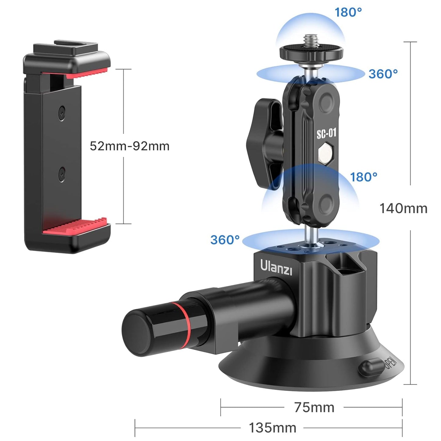 ULANZI SC-01 Suction Mount 3" for Vlogging Action Camera Car Mount w Smartphone Clamp for iPhone 14 13 Pro Max, 1/4" Magic Arm Adapter Mount Desk Suciton Mount for Car Windshield Window