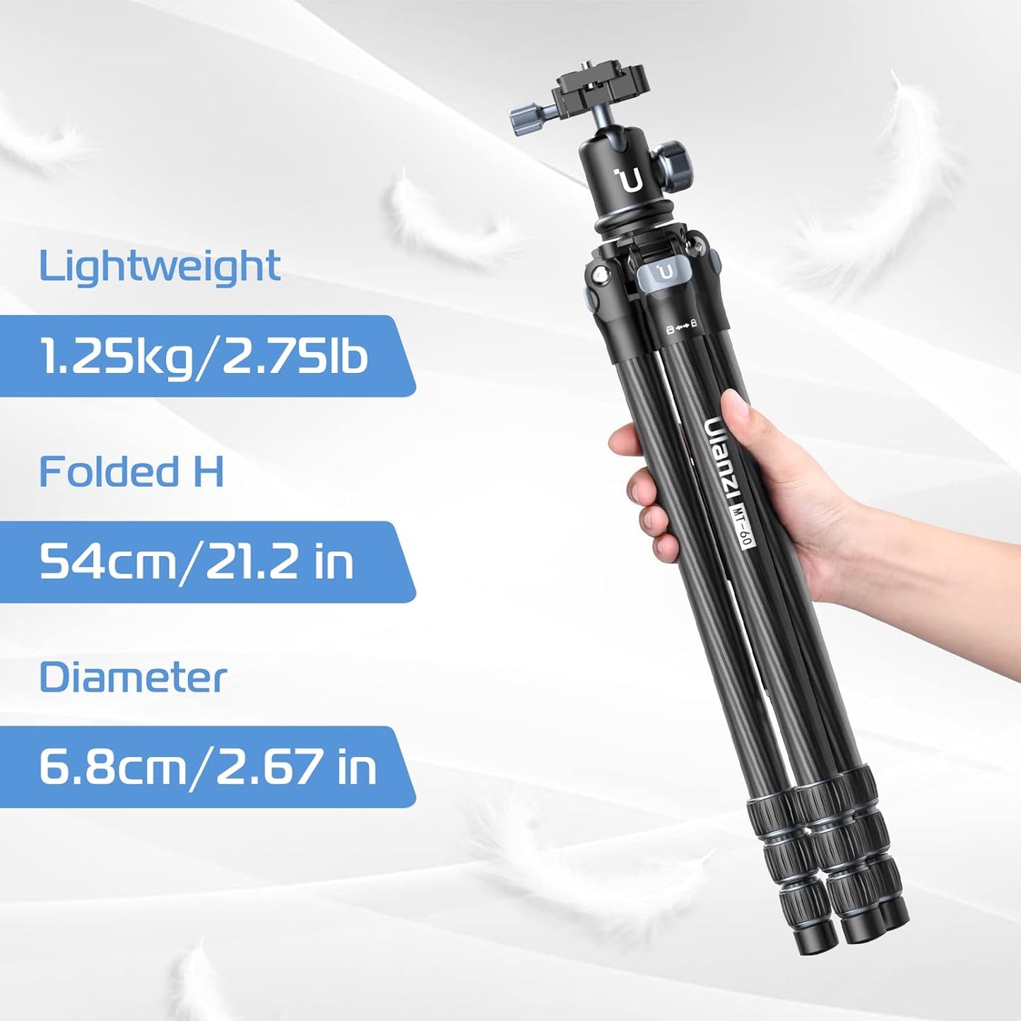 Ulanzi MT-60 Lightweight Camera Tripod, Professional 63.77" Carbon Fiber Travel Tripod with 360°Ball Head, Quick Release Plate for Cameras/DSLR/Projector, Adjustable Height 21.25-63.77 inches