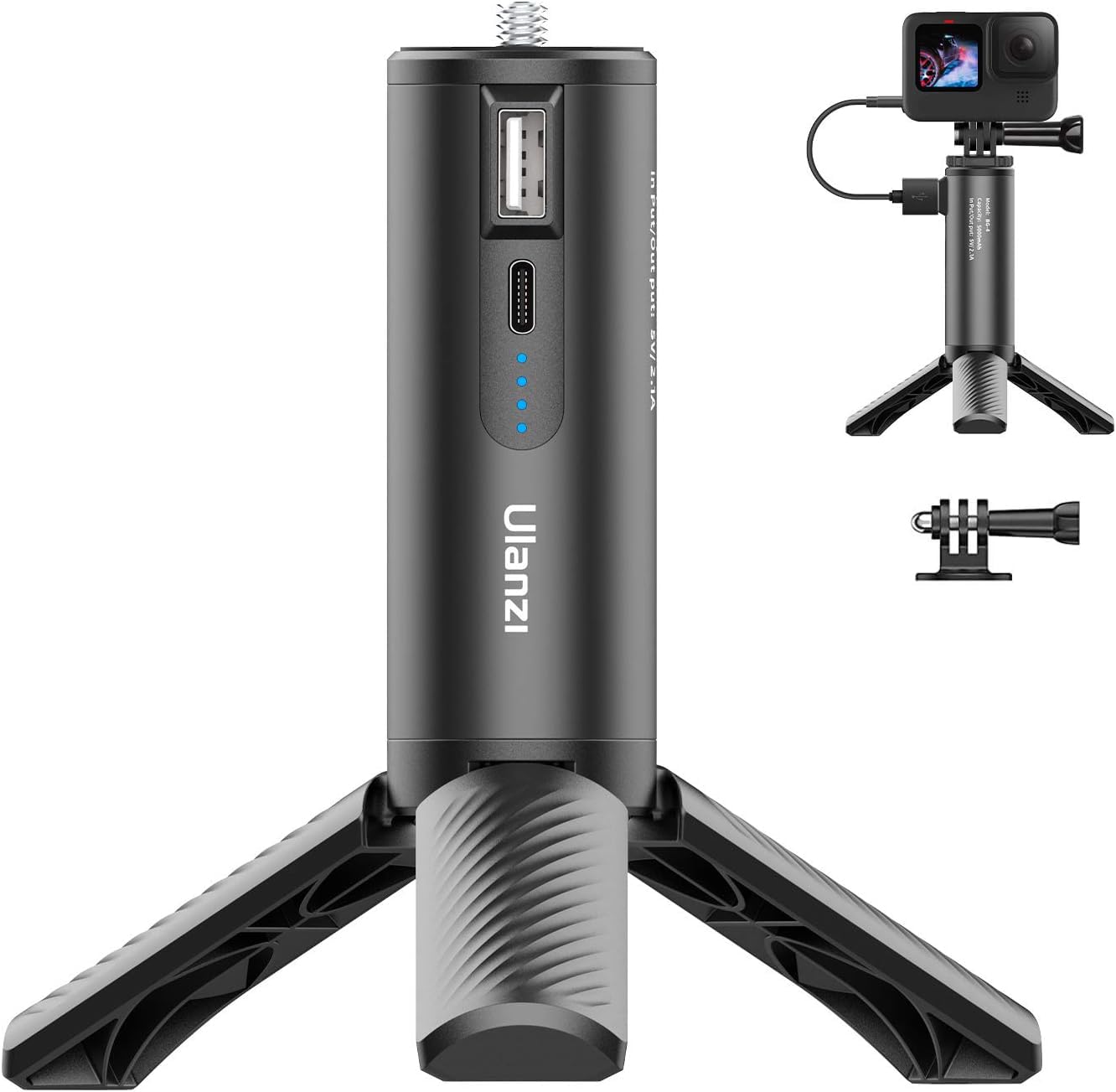 ULANZI BG-4 Camera Hand Grip + Tripod Battery Grip With Gopro9 Mount Rechargeable 5000Mah For Camera iPhone/Gopro Charging/Gopro 9 8 7 6 5 / Osmo Pocket/Osmo Action / A6400 / RX100 /, Black