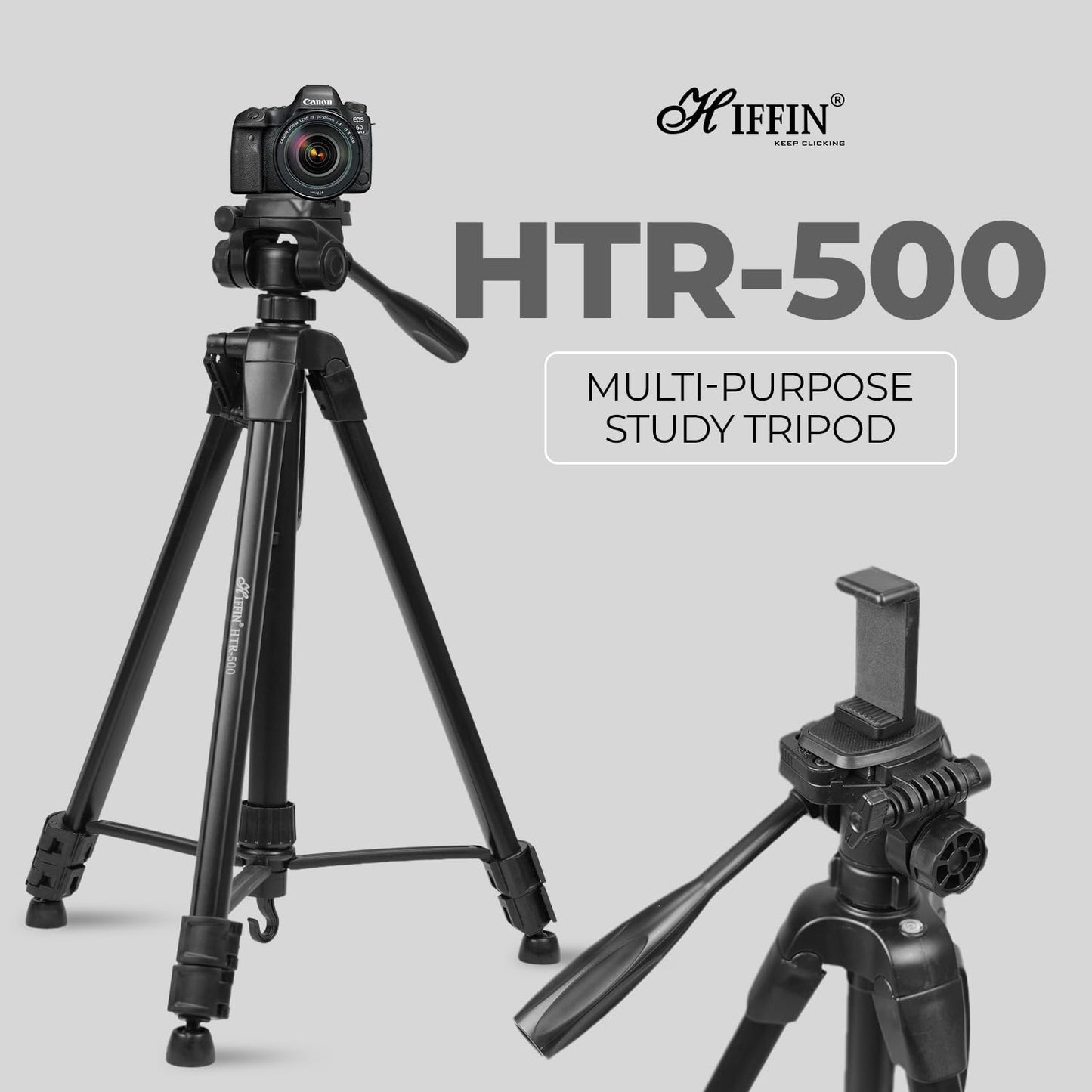 HIFFIN HTR-500 1700mm Lightweight Tripod with Mobile Holder & Carry Bag | 5kg Load Capacity | 3-Section Adjustable Stand for DSLR, Camera & Smartphone | Portable & Stable Tripod Stand