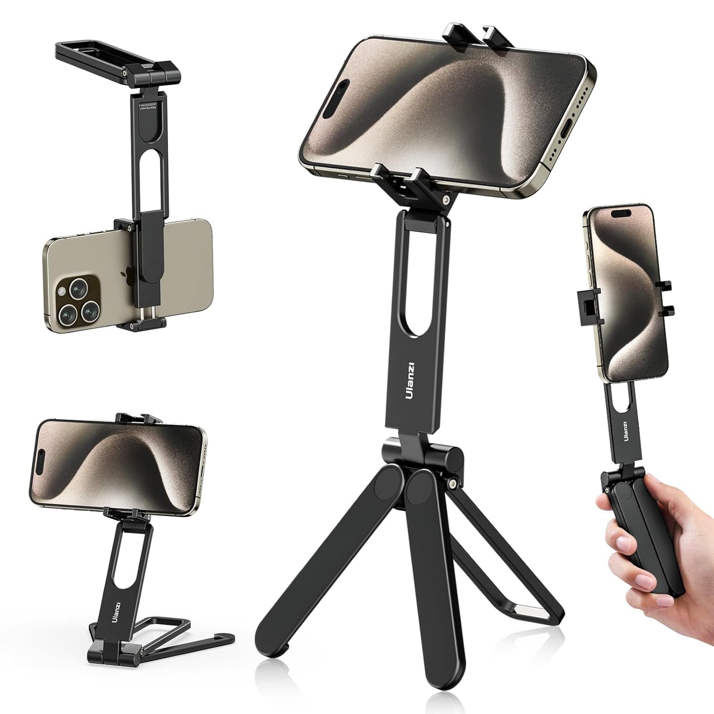 ULANZI MA26 Foldable Phone Tripod - Pocket Cell Phone Vlog Video Tripod Handle Aluminium Smartphone Desk Stand 2 Cold Shoe Compact Size All in One Lightweight Portable Vlog Stick for iPhone Samsung