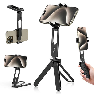 ULANZI MA26 Foldable Phone Tripod - Pocket Cell Phone Vlog Video Tripod Handle Aluminium Smartphone Desk Stand 2 Cold Shoe Compact Size All in One Lightweight Portable Vlog Stick for iPhone Samsung