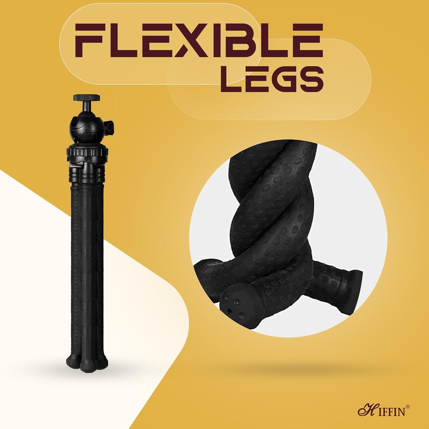 HIFFIN Flexible Gorillapod Tripod with 360° Rotating Ball Head Tripod for All DSLR Cameras(Max Load 2.5 kgs) & Mobile Phones + Free Heavy Duty Mobile Holder(Black) (12 Inch, Black)