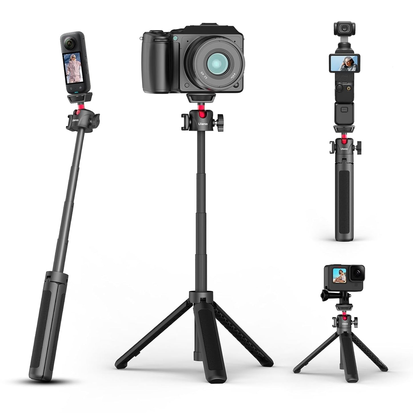 UURig Extendable Phone Camera Tripod, 4 Levels Adjustment 360° Ball Head Cold Shoe Lightweight Portable Vlog Travel Selfie Stick Handle Grip Desktop Webcam Tripod for iPhone DSLR Sony Gopro, Black