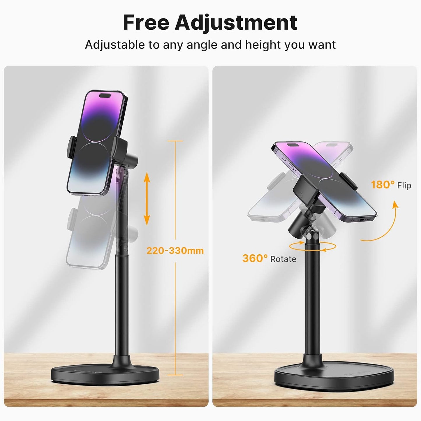 Cell Phone Stand, Ulanzi Height Adjustable Phone Holder, Desk Phone Stand for All Mobile Phone, Desk Phone Holder for iPhone 14/13/12 Pro/XS Max/XR, Samsung Galaxy S22/S21/S20/S10 and Other Phones