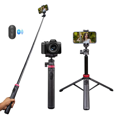 HIFFIN HTR-44 Extendable Phone Tripod with Bluetooth Button, 44" Selfie Stick Tripod Stand with 2 in 1 Phone Clip, 360° Ball Head Camera Tripod for Smartphones and Cameras, Lightweight for Travel