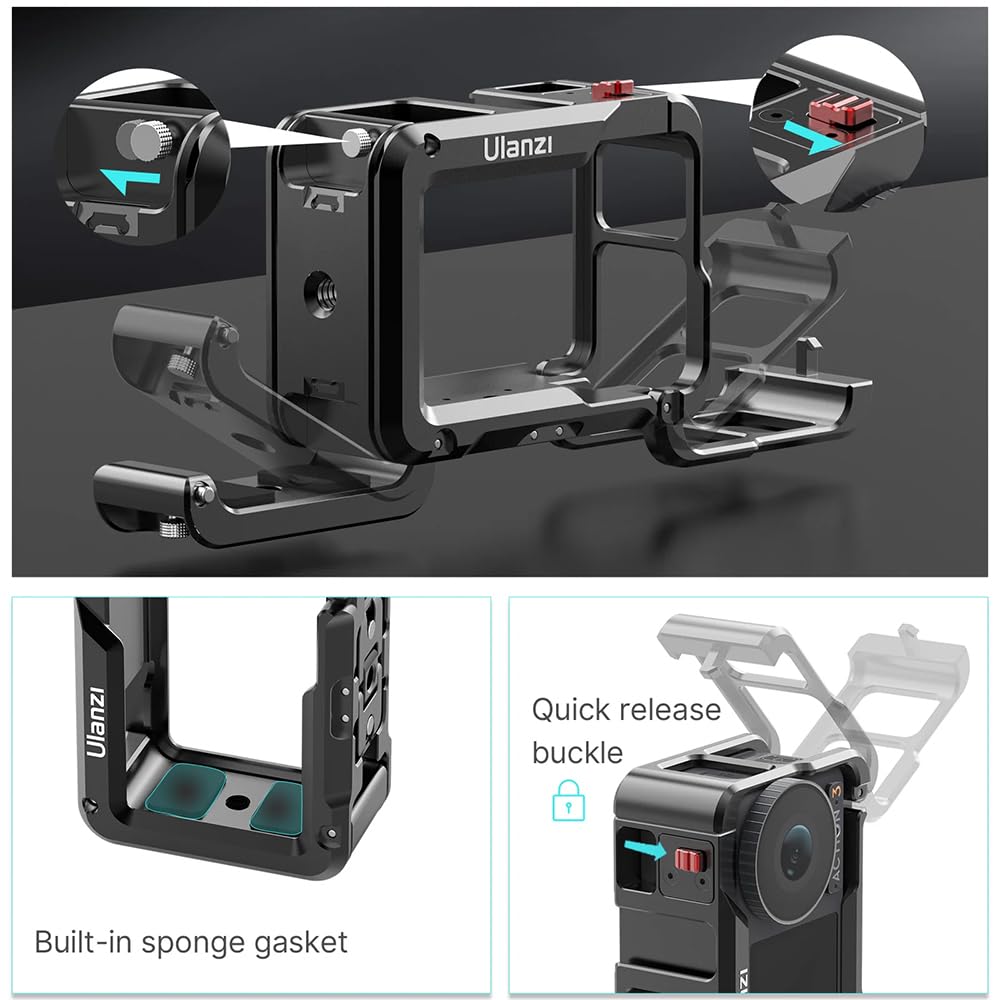 ULANZI Cage Oa-14 Compatible With Dji Osmo Action 3&Action 4 Camera|Quick Release Lock|Cold Shoe Mount|1/4" Threaded Holes|Aluminum Alloy|Weights 87G|Horizontal And Vertical Easy Switch,Black