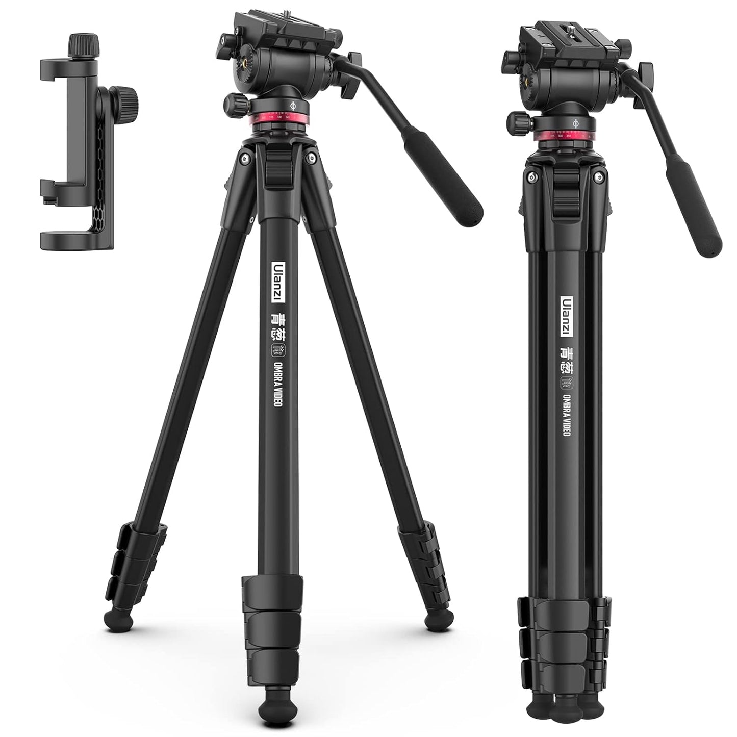 ULANZI MT-56 Ombra Black Aluminum Alloy 63" Professional Camera Tripod with Fluid Pan-tilt Head, Max Load 13.2 LB for DSLR, Compatible with Nikon, Canon, Smartphone, Phone Holder Included