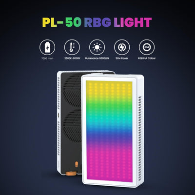 HIFFIN PL-50W Portable RGB Video Light | 50W Power | 2500K-9000K Adjustable Color | 7000mAh Battery | 24 FX Modes | 6600lux Brightness | CRI 95+ | Type-C Charging | Perfect for Photography & Video