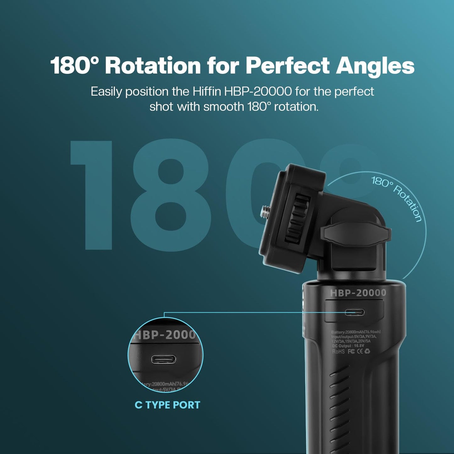 HIFFIN HBP-20000 Battery Handle Grip 20800mAh 100W USB-C PD Output with Power Indicator & 1/4" Screw Mount for DSLR Camera, Video Lights, Tripods, and Filmmaking Accessories