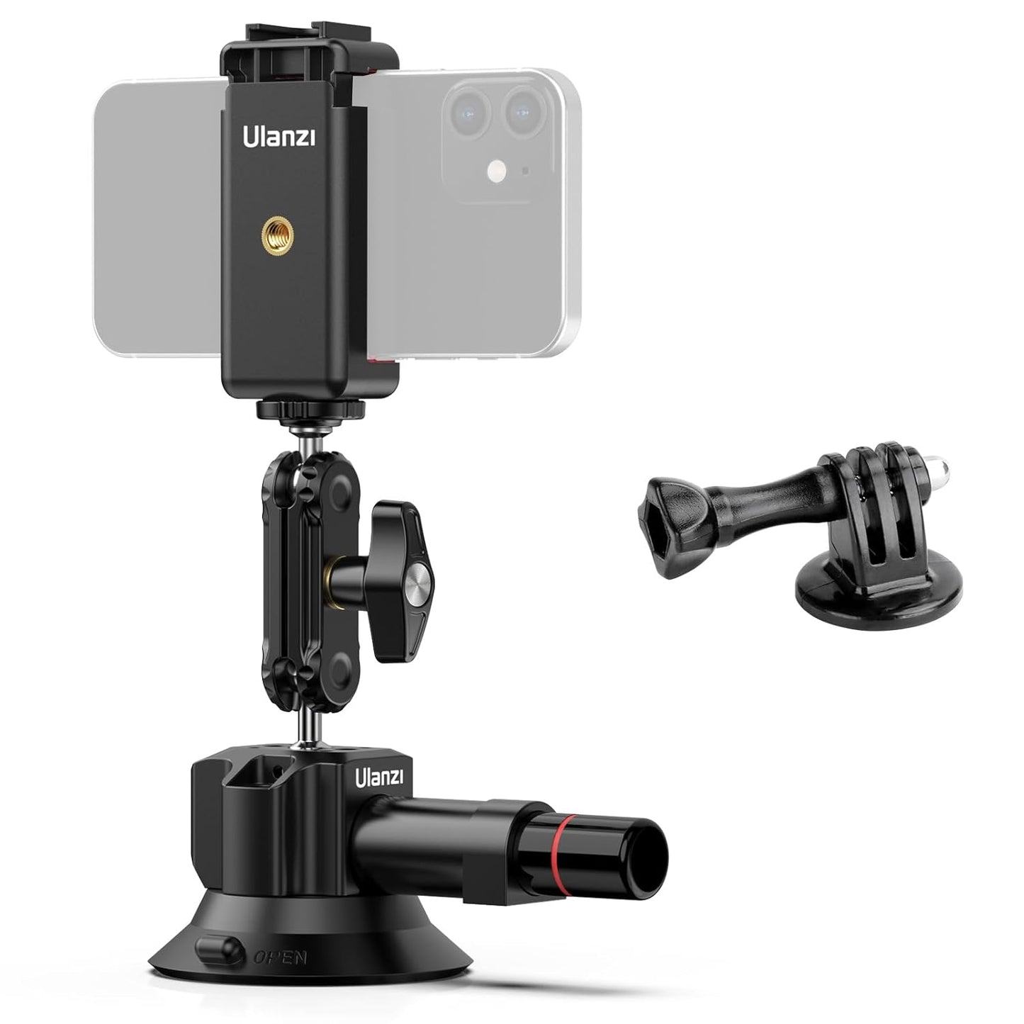 ULANZI SC-01 Suction Mount 3" for Vlogging Action Camera Car Mount w Smartphone Clamp for iPhone 14 13 Pro Max, 1/4" Magic Arm Adapter Mount Desk Suciton Mount for Car Windshield Window